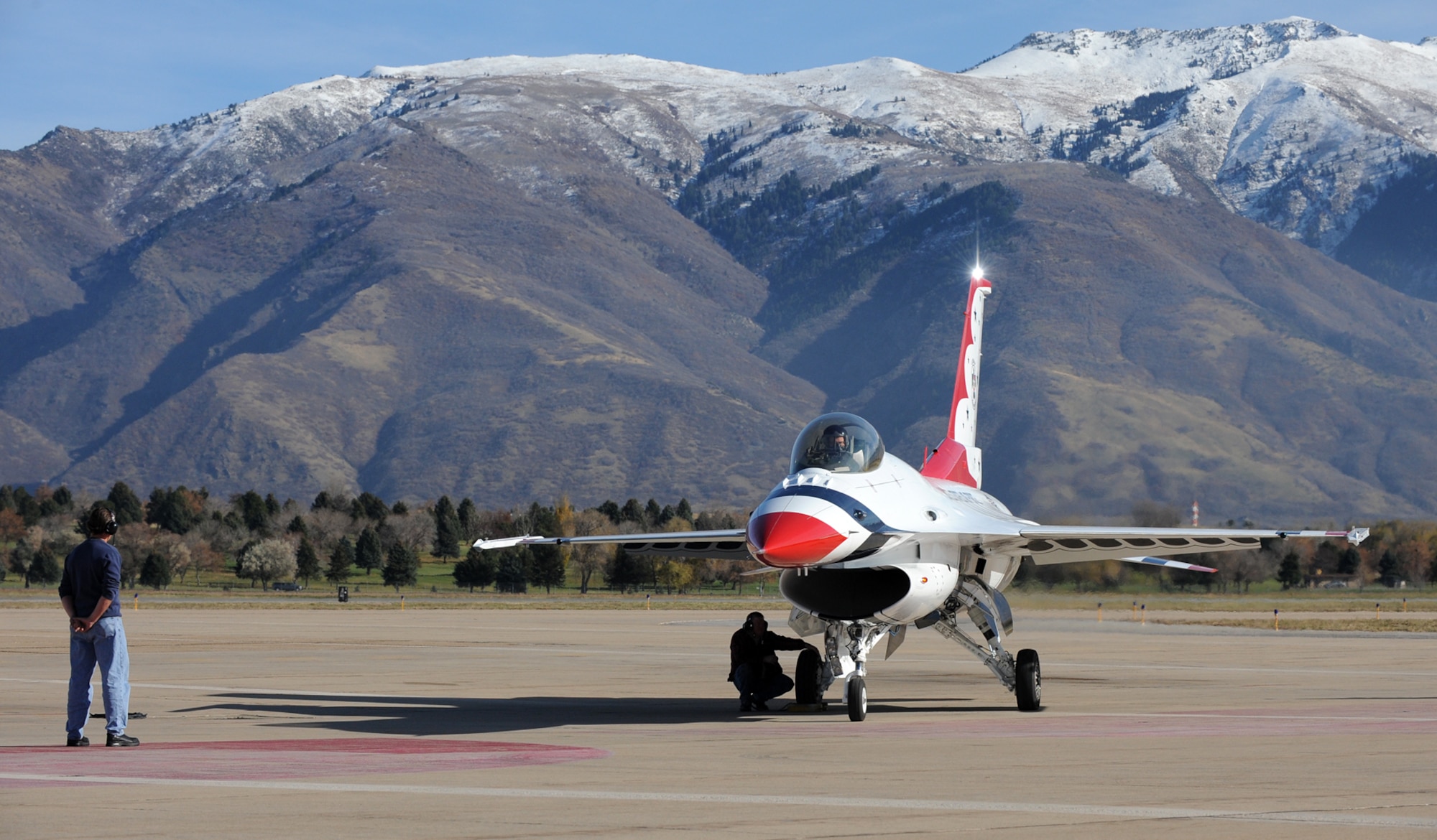 Brig. Gen. Stephen Hoog waits for the signal from Hill Air Force Base ground personnel to begin his taxi for departure to Nellis AFB, Nevada. (U.S Air Force Photo by Alex Lloyd)