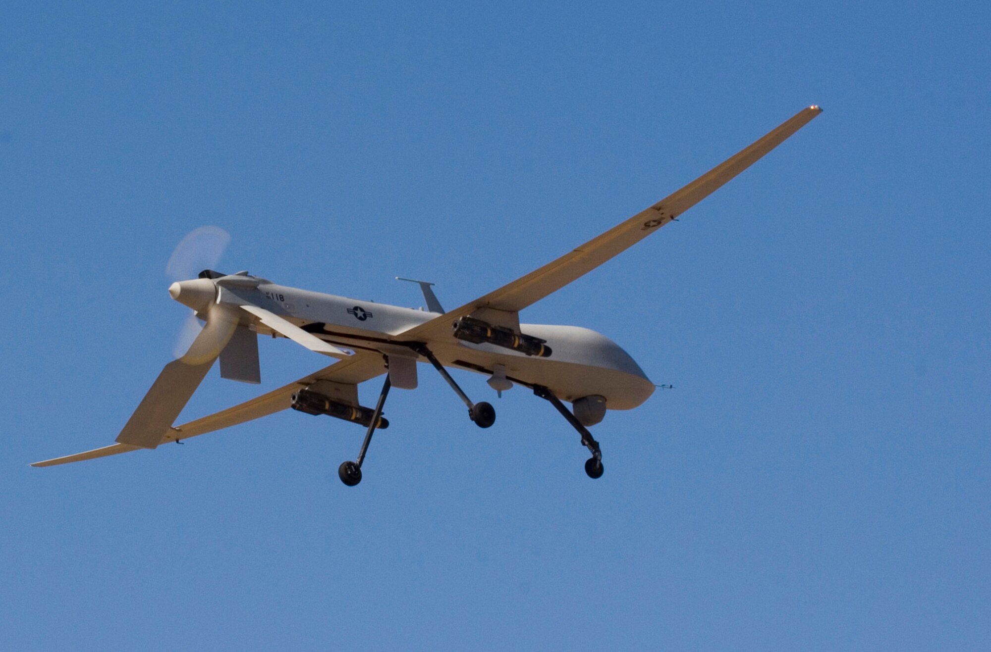 An MQ-1 Predator with the 46th Expeditionary Reconnaissance and Attack Squadron prepares to land at Joint Base Balad, Iraq, after a mission Nov. 8. Predators provide armed intelligence, surveillance and reconnaissance capabilities for ground force commanders. (U.S. Air Force photo/Tech. Sgt. Erik Gudmundson)