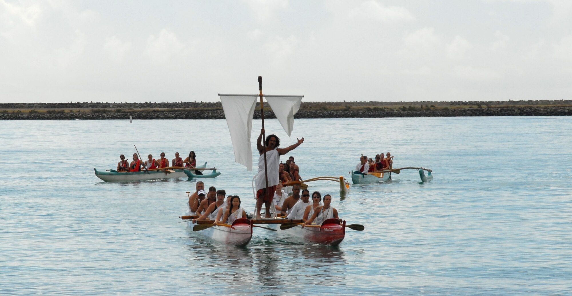 Lono, the defined guardian of agriculture, rain, health and peace arrives at Hickam Beach for the annual Makahiki ceremony. The ceremony, similar to a Thanksgiving celebration was at Hickam Harbor on Saturday. (U.S. Air Force Photo/Staff Sgt. Erin Smith)