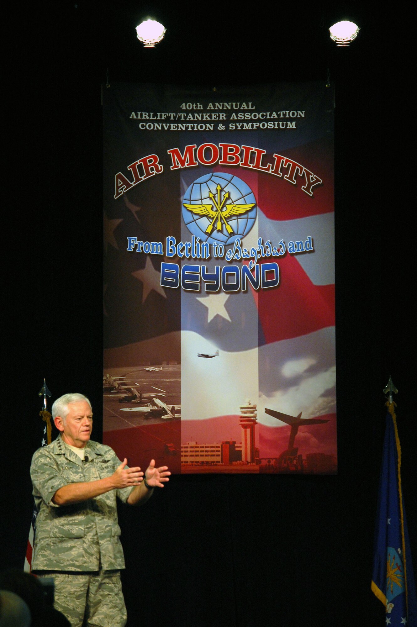 Gen. Arthur Lichte, Air Mobility Command commander at Scott Air Force Base, Ill., provides an update to thousands of attendees for the 2008 Airlift/Tanker Association convention Nov. 8 in Aneheim, Calif.  (U.S. Air Force Photo/Tech. Sgt. Scott T. Sturkol)