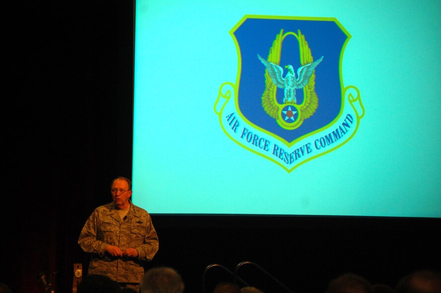 Lt. Gen. Charles Stenner, chief of the Air Force Reserve, provides an update to thousands of attendees for the 2008 Airlift/Tanker Association convention Nov. 8 in Aneheim, Calif.  (U.S. Air Force Photo/Tech. Sgt. Scott T. Sturkol)
