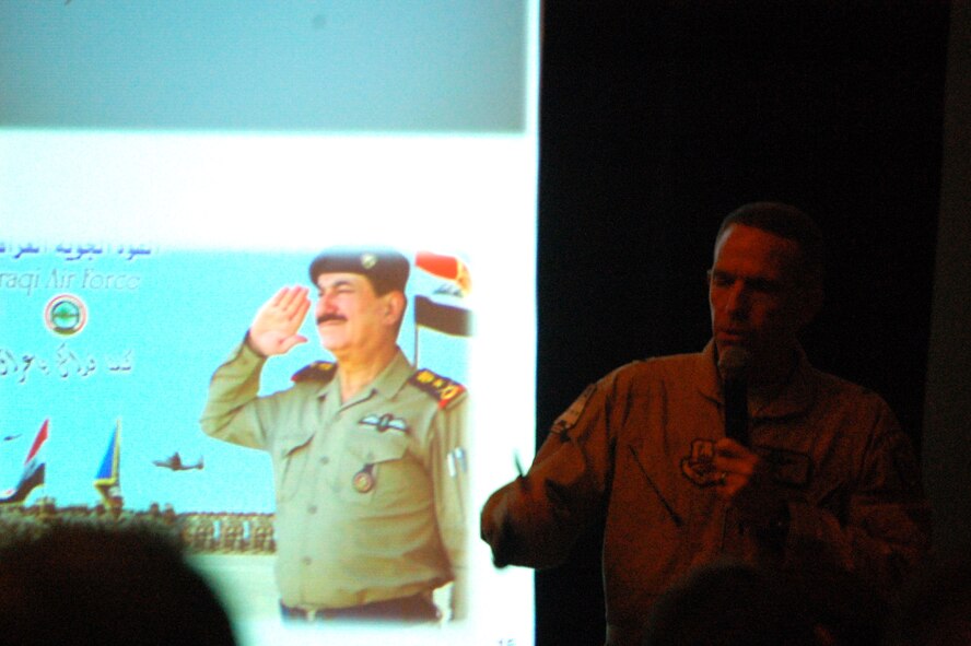 Brig. Gen. Brooks L. Bash, commander of the Coalition Air Force Training Team, Multi-National Security Transition Command-Iraq, talks about training the new Iraqi air force during a seminar entitled, "Rise of the Phoenix: Rebuilding the Iraqi Air Force," during the 2008 Airlift/Tanker Association Convention Nov. 8 in Anaheim, Calif.  (U.S. Air Force Photo/Tech. Sgt. Scott T. Sturkol)