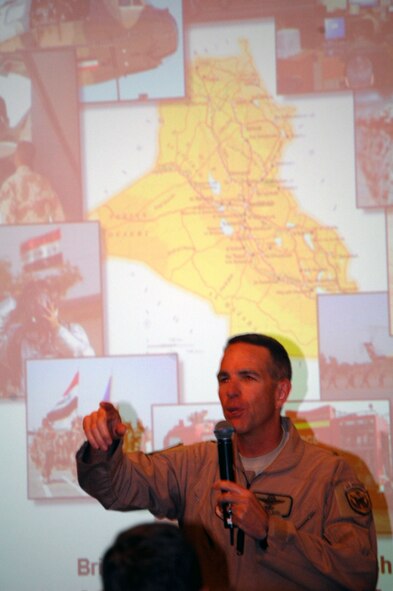 Brig. Gen. Brooks L. Bash, commander of the Coalition Air Force Training Team, Multi-National Security Transition Command-Iraq, talks about training the new Iraqi air force during a seminar entitled, "Rise of the Phoenix: Rebuilding the Iraqi Air Force," during the 2008 Airlift/Tanker Association Convention Nov. 8 in Anaheim, Calif.  (U.S. Air Force Photo/Tech. Sgt. Scott T. Sturkol)