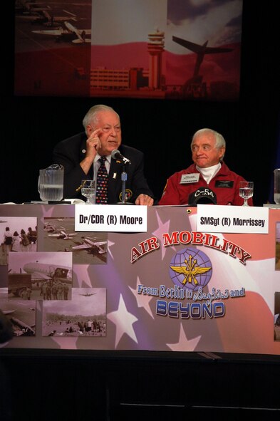 Retired Navy Cmdr. (Dr.) Earl Moore (left), president of the Berlin Airlift Veterans Association, answers a question as part of the "60th Anniversary of the Berlin Airlift" Panel for the 2008 Airlift/Tanker Association convention Nov. 8 in Aneheim, Calif.  The panel also Gen. Roger Brady, U.S. Air Forces in Europe commander, retired Col. Gail Halvorsen (also known as the "Candy Bomber") and several others. The group highlighted their experiences with the Berlin Airlift in 1948 and refelcted on the 60th anniversary.  (U.S. Air Force Photo/Tech. Sgt. Scott T. Sturkol)