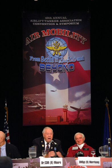 Retired Navy Cmdr. (Dr.) Earl Moore, president of the Berlin Airlift Veterans Association, answers a question as part of the "60th Anniversary of the Berlin Airlift" Panel for the 2008 Airlift/Tanker Association convention Nov. 8 in Aneheim, Calif.  The panel also Gen. Roger Brady, U.S. Air Forces in Europe commander, retired Col. Gail Halvorsen (also known as the "Candy Bomber") and several others. The group highlighted their experiences with the Berlin Airlift in 1948 and refelcted on the 60th anniversary.  (U.S. Air Force Photo/Tech. Sgt. Scott T. Sturkol)