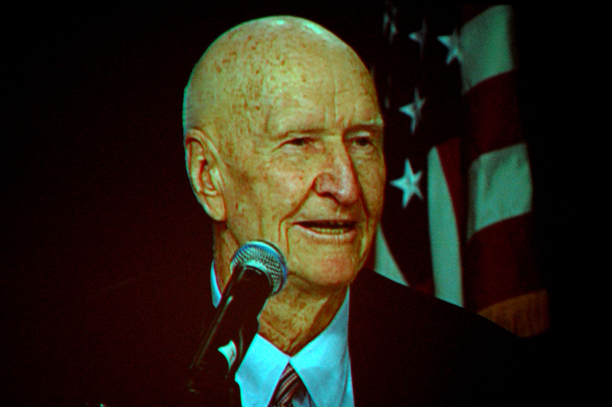 Retired Col. Gail Halvorsen, also known as the "Candy Bomber, talks as part of the "60th Anniversary of the Berlin Airlift" Panel during the 2008 Airlift/Tanker Association convention Nov. 8 in Aneheim, Calif.  The group highlighted their experiences with the Berlin Airlift in 1948.  (U.S. Air Force Photo/Tech. Sgt. Scott T. Sturkol)
