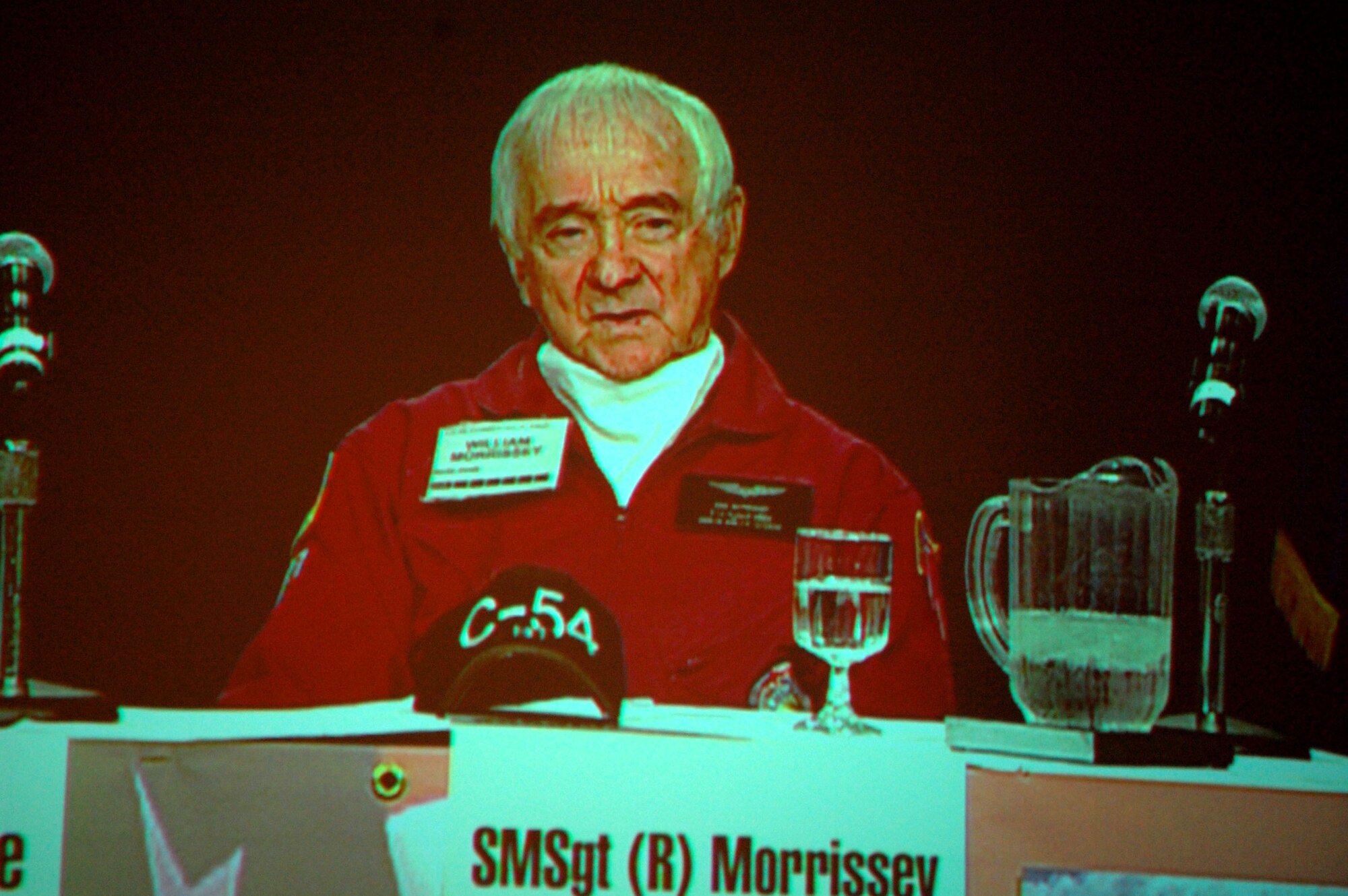 Retired Senior Master Sgt. Bill Morrissey, a veteran of the Berlin Airlift, talks as part of the "60th Anniversary of the Berlin Airlift" Panel during the 2008 Airlift/Tanker Association convention Nov. 8 in Aneheim, Calif.  The group highlighted their experiences with the Berlin Airlift in 1948.  (U.S. Air Force Photo/Tech. Sgt. Scott T. Sturkol)