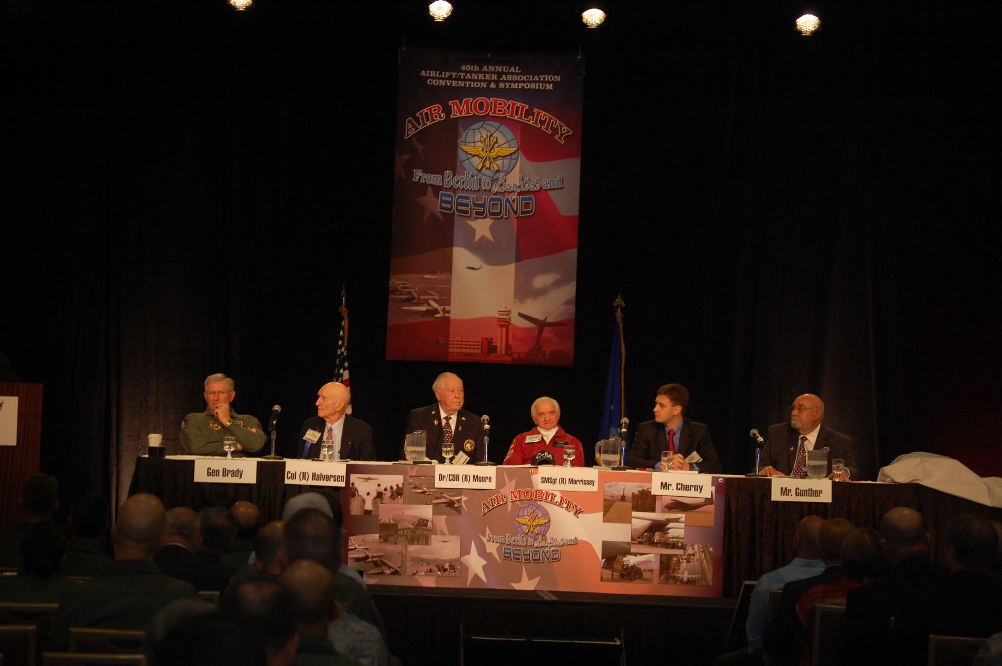 The "60th Anniversary of the Berlin Airlift" Panel prepares for questions during the 2008 Airlift/Tanker Association convention Nov. 8 in Aneheim, Calif.  The panel also Gen. Roger Brady, U.S. Air Forces in Europe commander, retired Col. Gail Halvorsen (also known as the "Candy Bomber") and several others. The group highlighted their experiences with the Berlin Airlift in 1948.  (U.S. Air Force Photo/Tech. Sgt. Scott T. Sturkol)