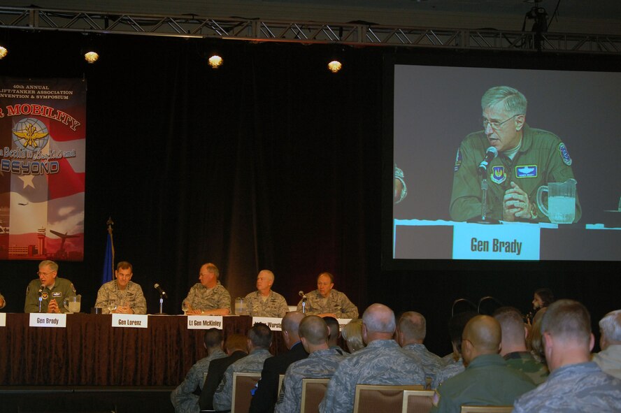 Gen. Roger Brady, U.S. Air Forces in Europe commander, answers a question as a member of the Total Force Leadership Panel for the 2008 Airlift/Tanker Association convention Nov. 8 in Aneheim, Calif.  The panel also included Gen. Duncan McNabb, U.S. Transportation Command commander, Gen. Victor Renuart, U.S. Northern Command commander, Gen. Bruce Carlson, Air Force Material Command commander, Gen. Stephen Lorenz, Air Education and Training Command commander, Lt. Gen. Craig McKinley, Air National Gaurd director, Lt. Gen. Donald Wurster, Air Force Special Operations Command commander, and Lt. Gen. Charles Stenner, chief of the Air Force Reserve.  (U.S. Air Force Photo/Tech. Sgt. Scott T. Sturkol)