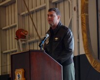 Brig. Gen. Bradley Pray speaks to Team Charleston members on Charleston AFB Nov. 18. General Pray delivered the new C-17 to Charleston AFB to bring the total number of aircraft assigned to 51.General Pray is the deputy director of Air, Space and Information Operations, Headquarters Air Mobility Command, Scott AFB, Ill. (U.S. Air Force photo/Airman 1st Class Katie Gieratz) 