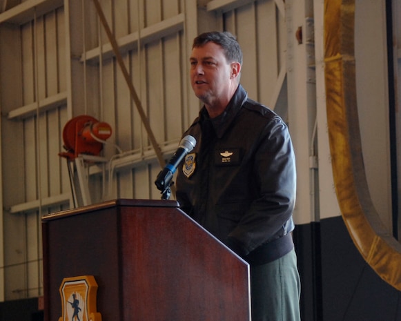 Brig. Gen. Bradley Pray speaks to Team Charleston members on Charleston AFB Nov. 18. General Pray delivered the new C-17 to Charleston AFB to bring the total number of aircraft assigned to 51.General Pray is the deputy director of Air, Space and Information Operations, Headquarters Air Mobility Command, Scott AFB, Ill. (U.S. Air Force photo/Airman 1st Class Katie Gieratz) 
