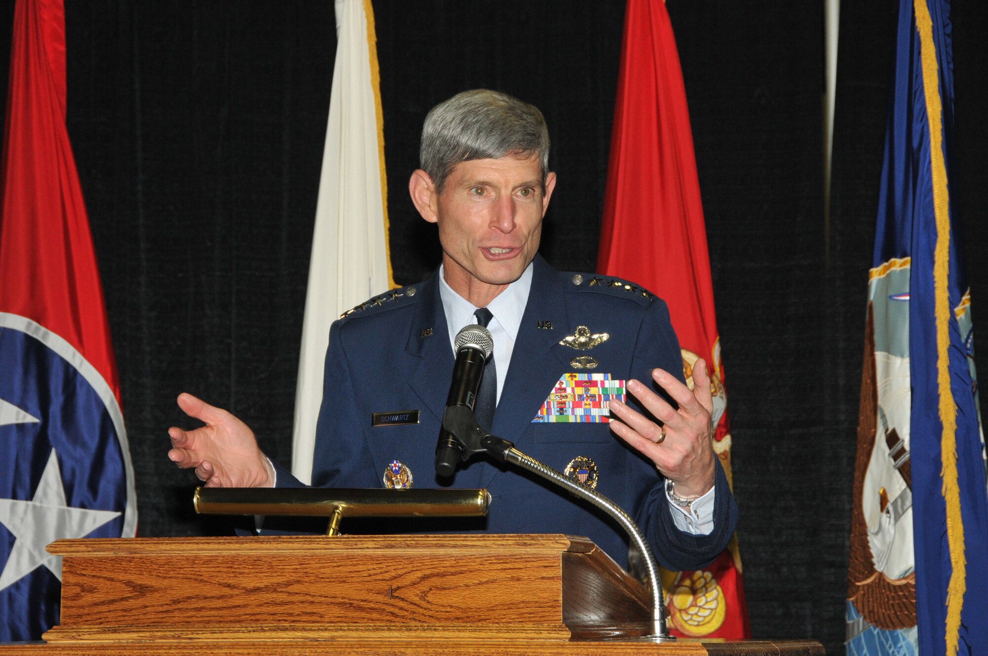 Chief of Staff of the Air Force Gen. Norton Schwartz speaks to a crowd of approximately 600 people at the Arnold Community Council banquet Nov. 17 at the Calsonic Arena in Shelbyville, Tenn. (U.S. Air Force photo/David Housch)

