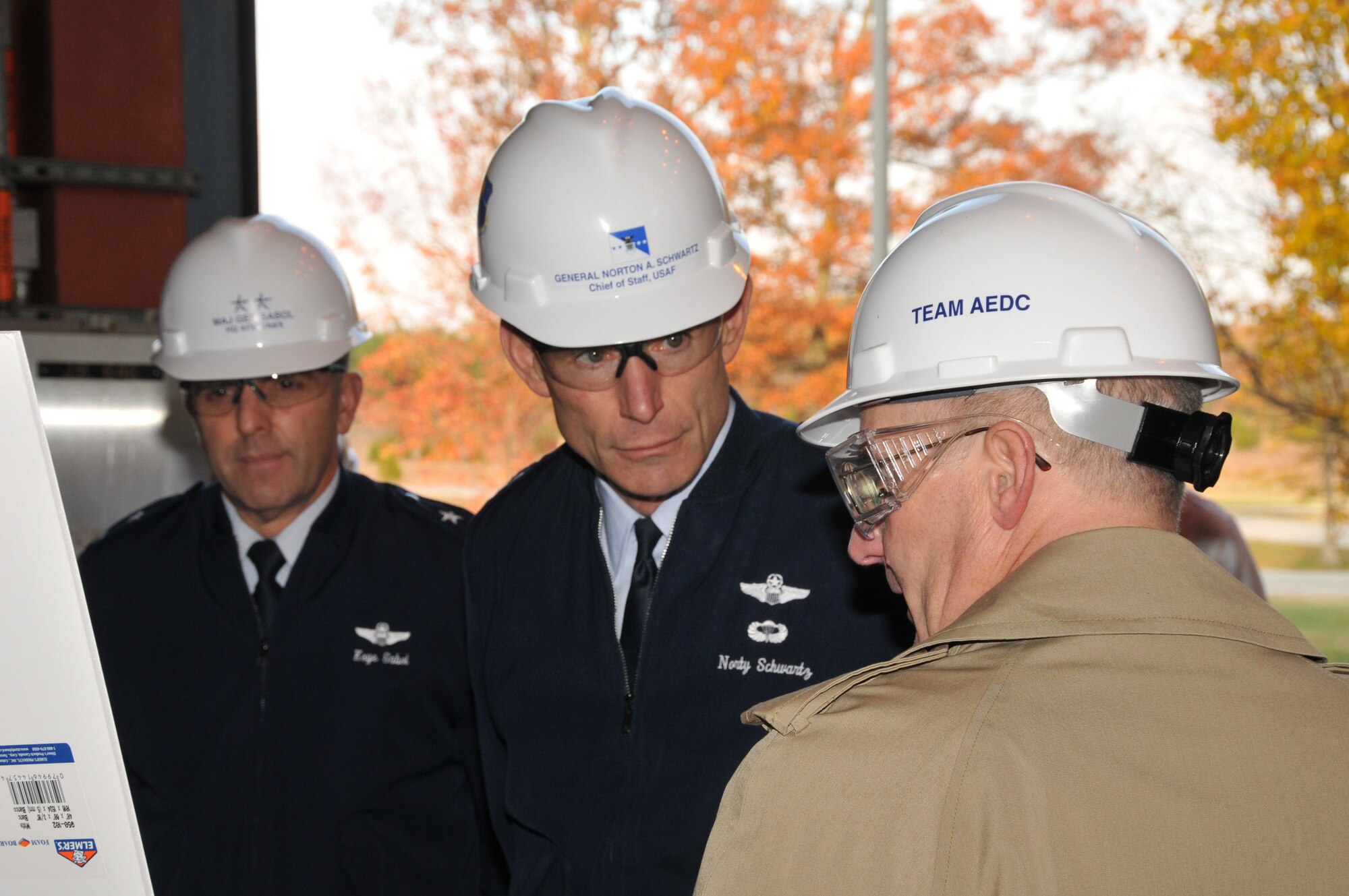 Randy Quinn describes the J-6 Rocket Motor Test Facility to Chief of Staff of the Air Force Gen. Norton Schwartz and Maj. Gen. Marshall K. "Keye" Sabol Nov. 17 at Arnold Air Force Base, Tenn. General Sabol is the Strategic Plans, Programs and Analyses director at Air Force Materiel Command at Wright-Patterson Air Force Base, Ohio. Mr. Quinn is the Rocket Propulsion Flight lead. (U.S. Air Force photo/David Housch) 

