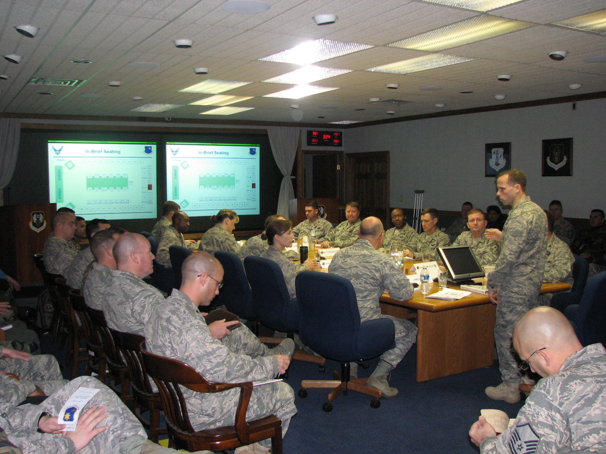Col. Brian O'Connor, 621st Contingency Response Wing commander, greets people from the AMC Inspection Team and introduces his Airmen at the kick off of a Unit Compliance Inspection here, Nov. 19. The 621st is the first CRW in the Air Force to undergo a UCI.

Established in 2005, the 621st CRW is a specialized wing responsible for training and rapidly deploying personnel to quickly open airfields in austere locations, extending AMC's ability to deploy people and equipment around the globe. (U.S. Air Force photo/1Lt Dustin Doyle)