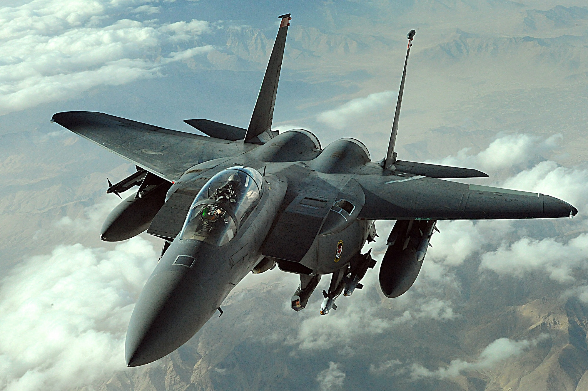 An F-15E Strike Eagle flies over Afghanistan. The F-15E is a dual-role fighter designed to perform air-to-air and air-to-ground missions as well as provide armed aerial overwatch. The aircraft is assigned to the 391st Expeditionary Fighter Squadron from Bagram Airfield, Afghanistan. (U.S. Air Force photo/Staff Sgt. Aaron Allmon)  