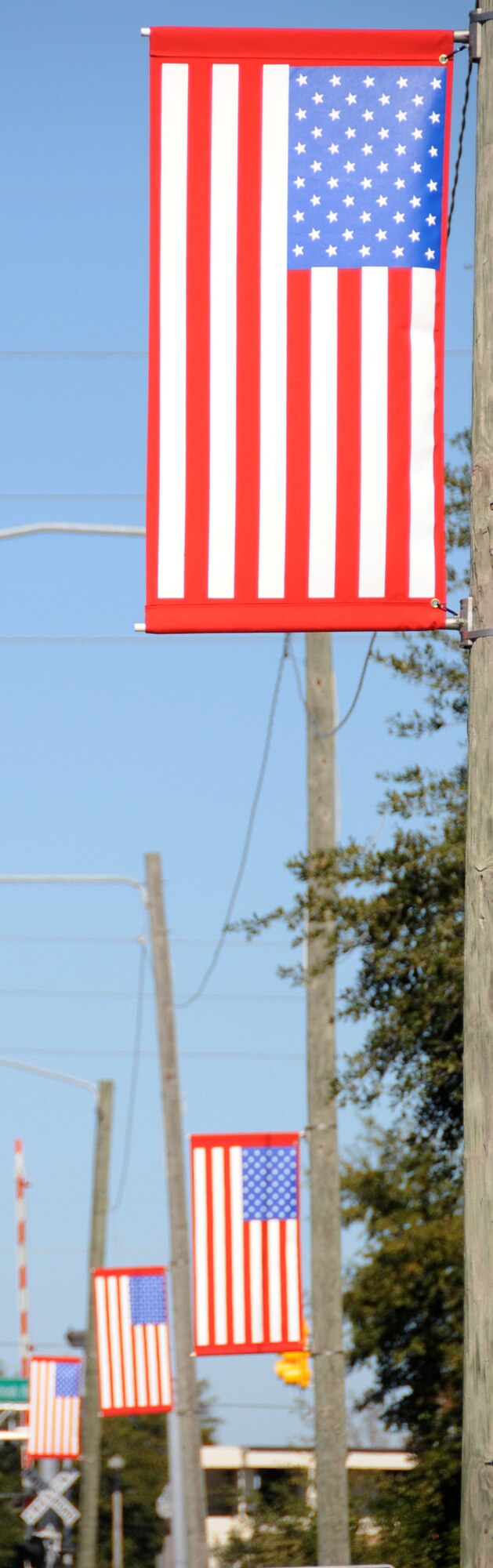 The Biloxi Bay Chamber of Commerce recently posted American flag banners along White Avenue leading to Kee-sler’s main gate as a daily reminder of community support of the Gulf Coast’s military men and women.  (U.S. Air Force photo by Kemberly Groue)