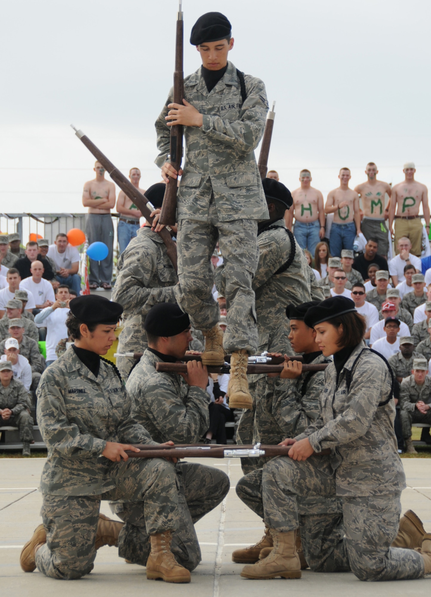 The Red Wolves’ team peforms a stunt during the freestyle competition.  The team placed third overall, as well as third in freestyle.  (U.S. Air Force photo by Kemberly Groue)
