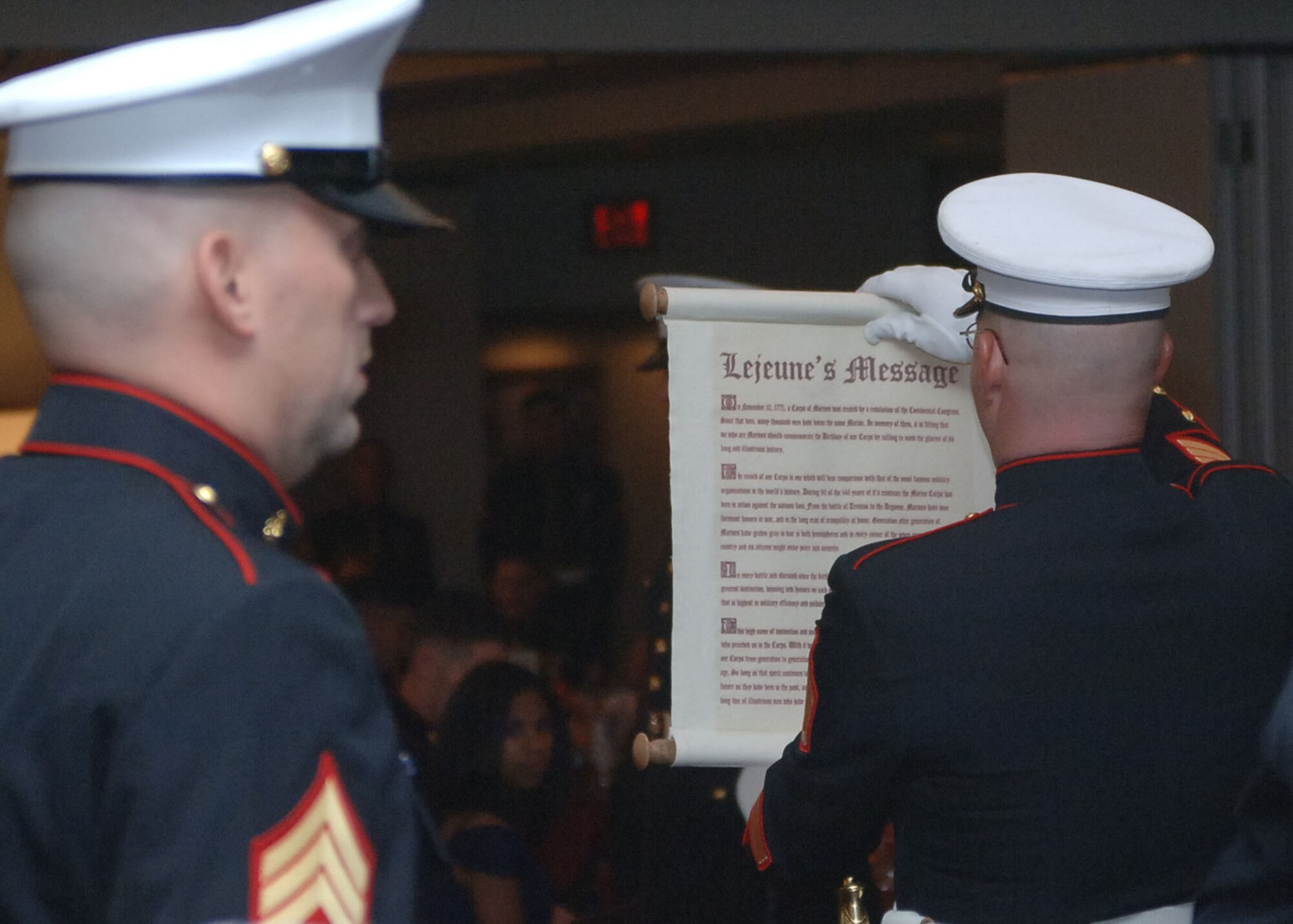 DYESS AIR FORCE BASE Texas-- Staff Sgt Forrest Breeden, from Detachment 1 Motor Transport Maintenance Company, 4th Maintenance Battalion, 4th Marine Logistics Group, reads Lejeune?s Message during the Marine Ball here, Nov. 8. This is just one of the many traditions of the Marine Corps Ball that the Marines of Det. 1 are proud to uphold.(U.S. Air Force photo/Senior Airman Felicia Juenke)