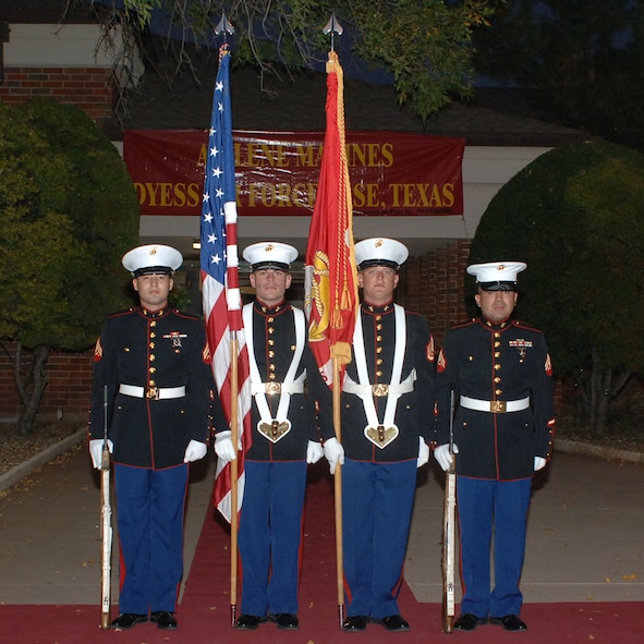 DYESS AIR FORCE BASE Texas-- Corporal Oscar Gonzales, Staff Sergeants Pablo Torrez and Jake Seymore and Corporal Joel Herrera, members of Detachment 1 Motor Transport Maintenance Company, 4th Maintenance Battalion, 4th Marine Logistics Group, practice before presenting the colors at the Marine Corps Ball here, Nov. 8. The Marine Corps Ball is a way for all Marines to come together and celebrate the Marine Corps birthday.(U.S. Air Force photo/Senior Airman Felicia Juenke)
