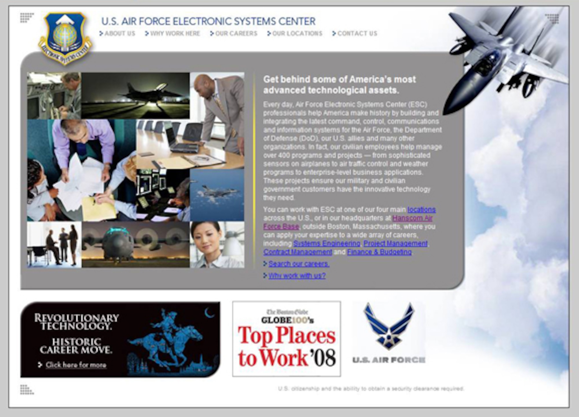 The Electronic Systems Center's new employment Web site, shown here, was launched Nov. 9 with the aim of developing a 'branding' campaign to attract potential job applicants to center jobs. The site's debut coincided with Hanscom Air Force Base recently being named one of the Boston Globe's Top 100 Places to Work.