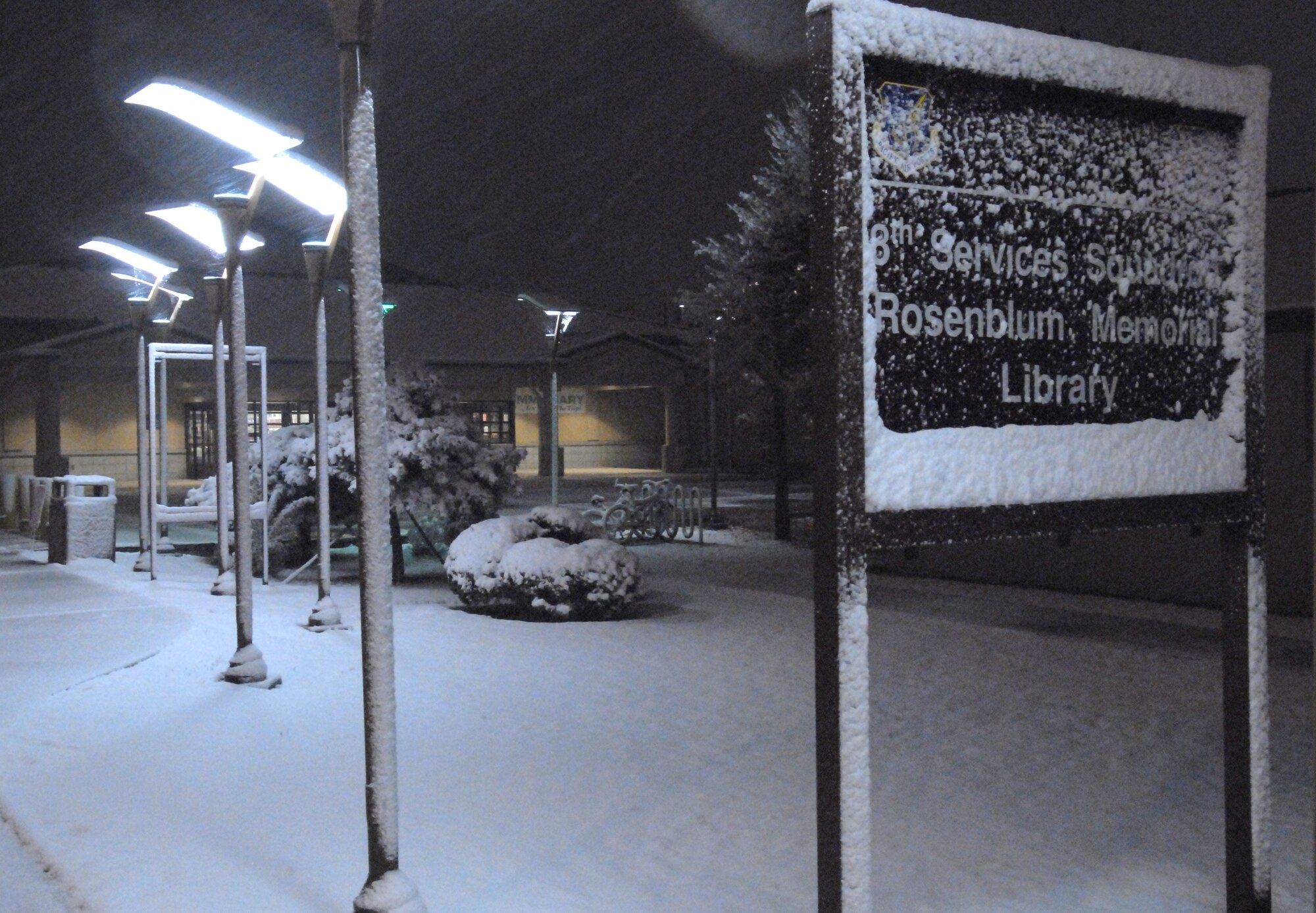 Snow begins to blanket everything in sight at Kunsan Air Base, Republic of Korea Nov. 18, 2008. More than 8 inches of snow fell overnight during Kunsan's first winter snowfall.  (U.S. Air Force Photo By Master Sgt. John M. Foster)