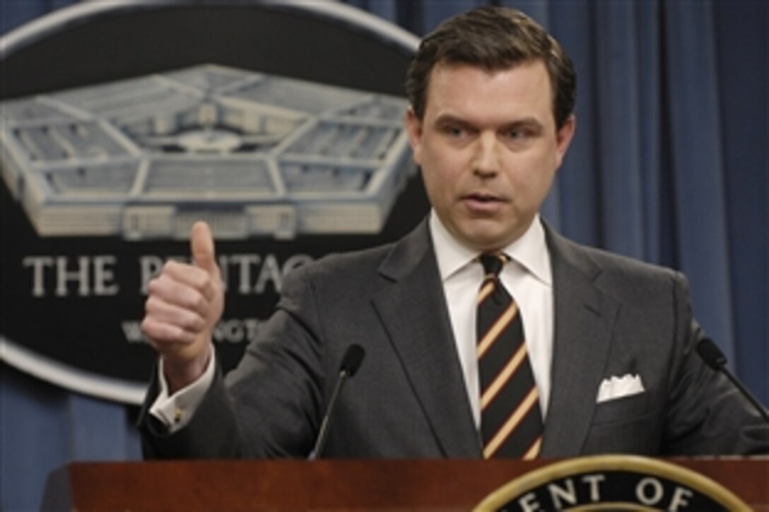 Pentagon Press Secretary Geoff Morrell answers questions from reporters during a press conference at the Pentagon, Nov. 19, 2008. 