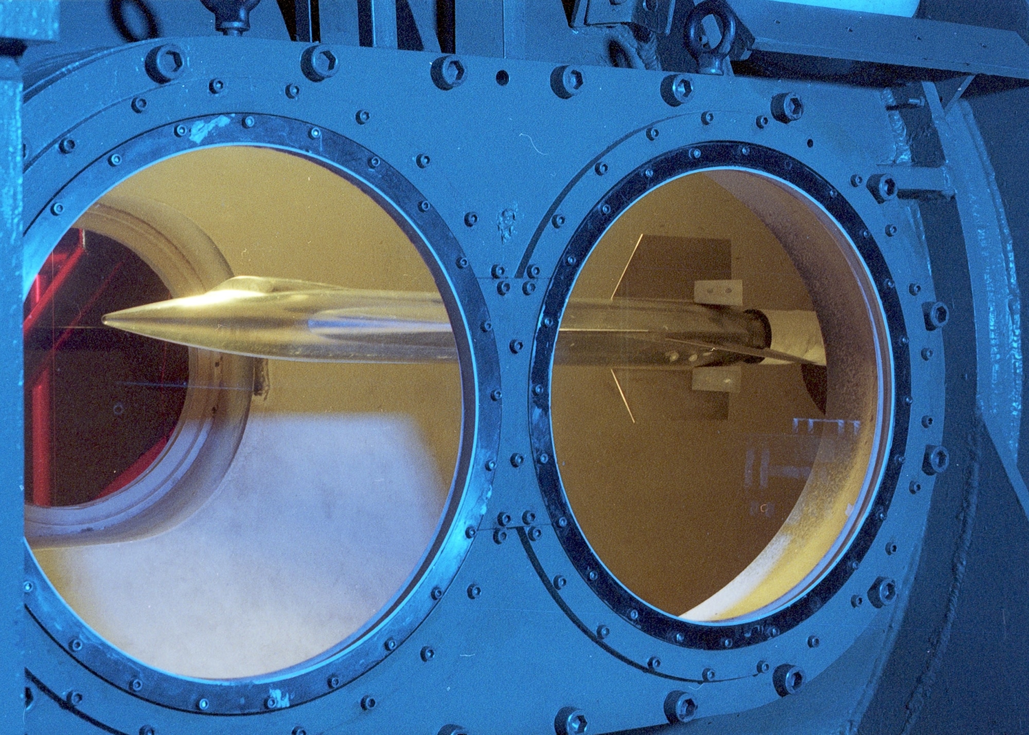 A model of the X-15 rocket shown in AEDC’s von Karman Gas Dynamics Facility wind tunnel A. The X-15 underwent air worthiness and stability testing in the late 1950s. AEDC played a major role in the development of the X-15 and continues to provide instrumental aeronautical tests for U.S. military, NASA, and commercial air and space craft.