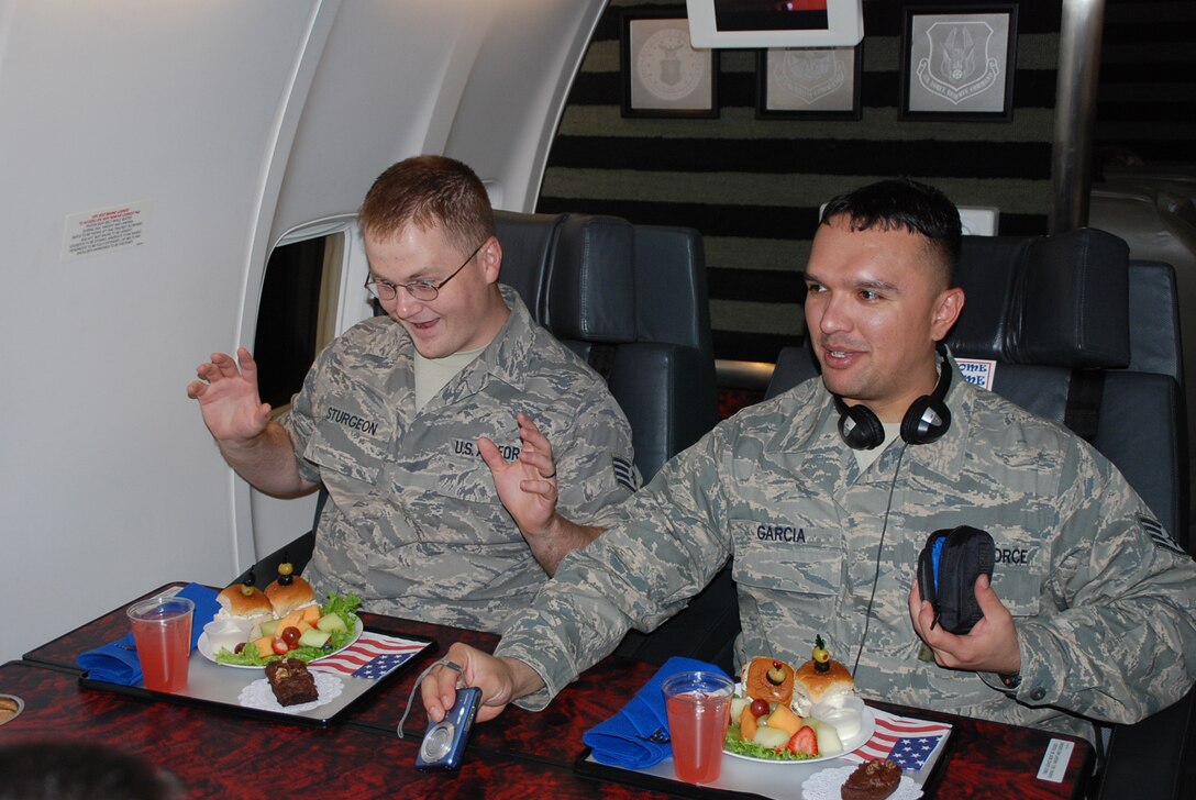 Deployers returned recently on the last leg of their journey home aboard one of the wing’s C-40C aircraft, complete with flight attendants , who not only loaded all the baggage, but also served the delicious meals to 932nd Airmen who were grateful.  The 932nd Airlift Wing is an Air Force Reserve Command wing located at Scott Air Force Base, Ill.  (U.S. Air Force photo/Tech. Sgt. Dan Oliver)
