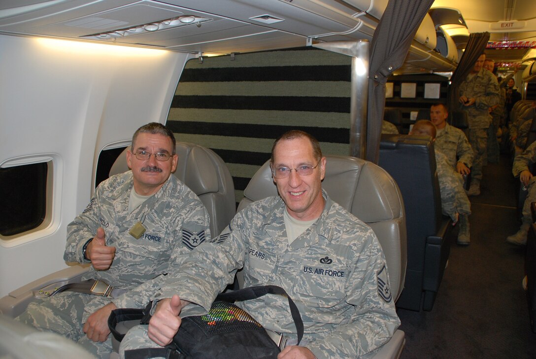 Deployers happily returned recently on one of the wing’s C-40C aircraft, complete with flight attendants Staff Sgt. Oriel Rodriquez and MSgt. Ken Posey, who not only loaded all the baggage, but also served the delicious meals to 932nd Airmen who were grateful.  The 932nd Airlift Wing is located at Scott Air Force Base, Ill.  (U.S. Air Force photo/Tech. Sgt. Dan Oliver)