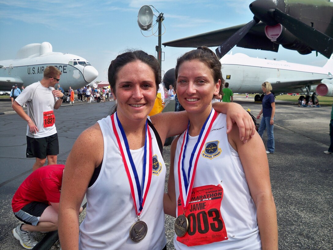 932nd Airlift Wing member Staff Sgt. Jaimie Knoblett (right) ran the Air Force Marathon recently.  "I ran the full marathon 26.2 miles as part of the AMC Team.  All the MAJCOMs get members from each age group to compete as a team and I was selected for AMC.  I was allowed to be on the team because we are assigned to Scott.  I finished in 4:23:54 which is a 10:04 minute pace," said Sergeant Knoblett of the 932nd Medical Squadron at Scott Air Force Base, Ill.  She is looking forward to next year.  (Photo submitted)