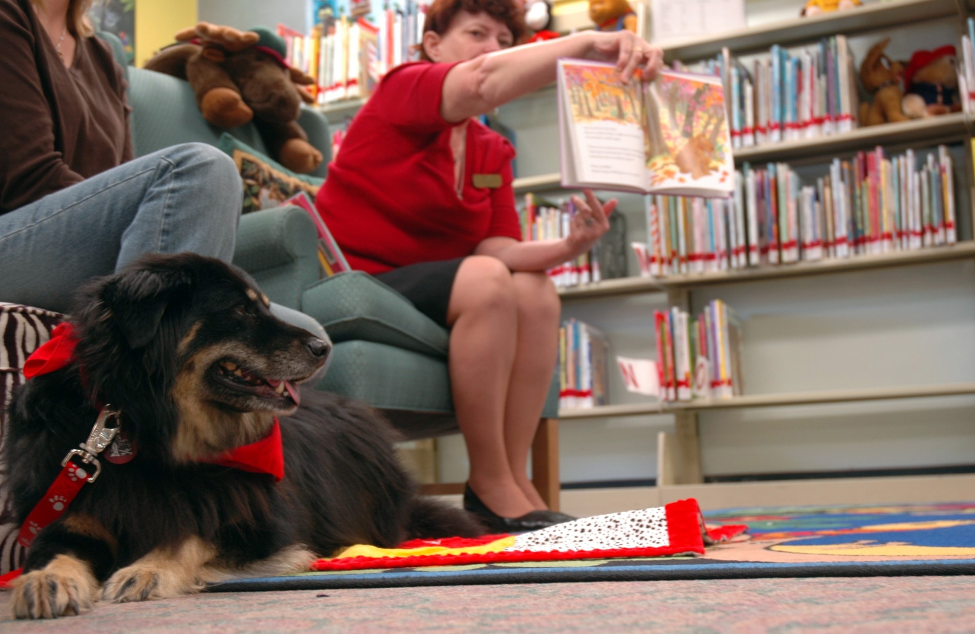EGLIN AIR FORCE BASE, Fla. -- The Eglin Base Library continues their commitment to the community as a focal point for knowledge and growth by implementing programs such as the Read-2-Dog program during Story Time, which encourages children to read in a unique and fun way. The library also has implemented other programs and expanded new sections dedicated to deployed Airmen and their family members that help relieve some of the stress that accompany deployment. (US Air Force photo/ Airman 1st Class Anthony Jennings)