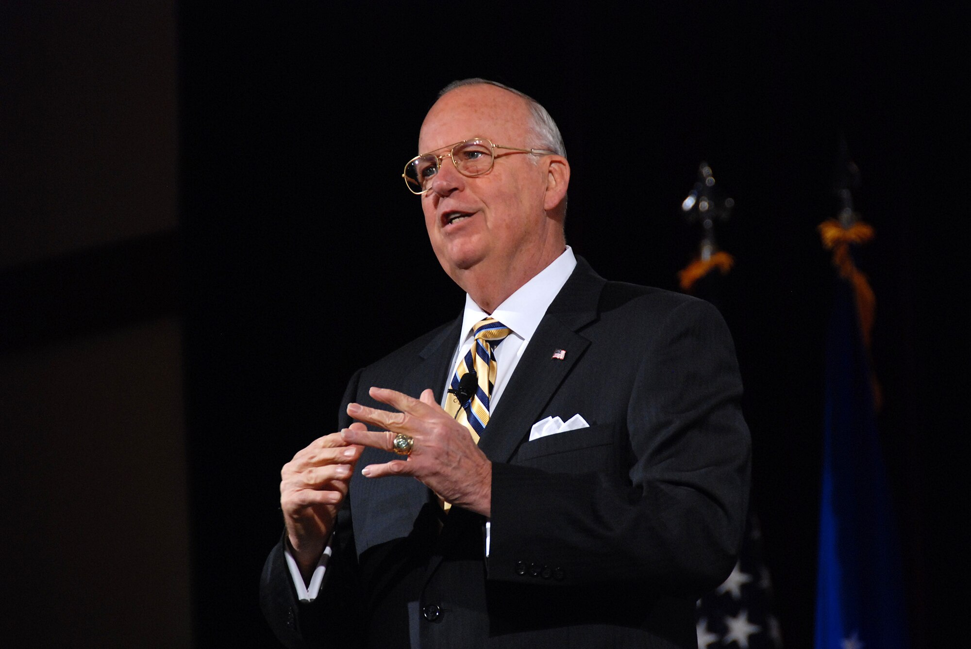 The honorable Thomas F. Hall, assistant secretary of defense for Reserve Affairs, speaks about the transition of the Guard and Reserve from a strategic reserve to an operational reserve at the Air National Guard Senior Leadership Conference in Lansdowne, Va., Nov. 19, outside of Washington. (U.S. Air Force photo by Master Sgt. Mike R. Smith, National Guard Bureau)