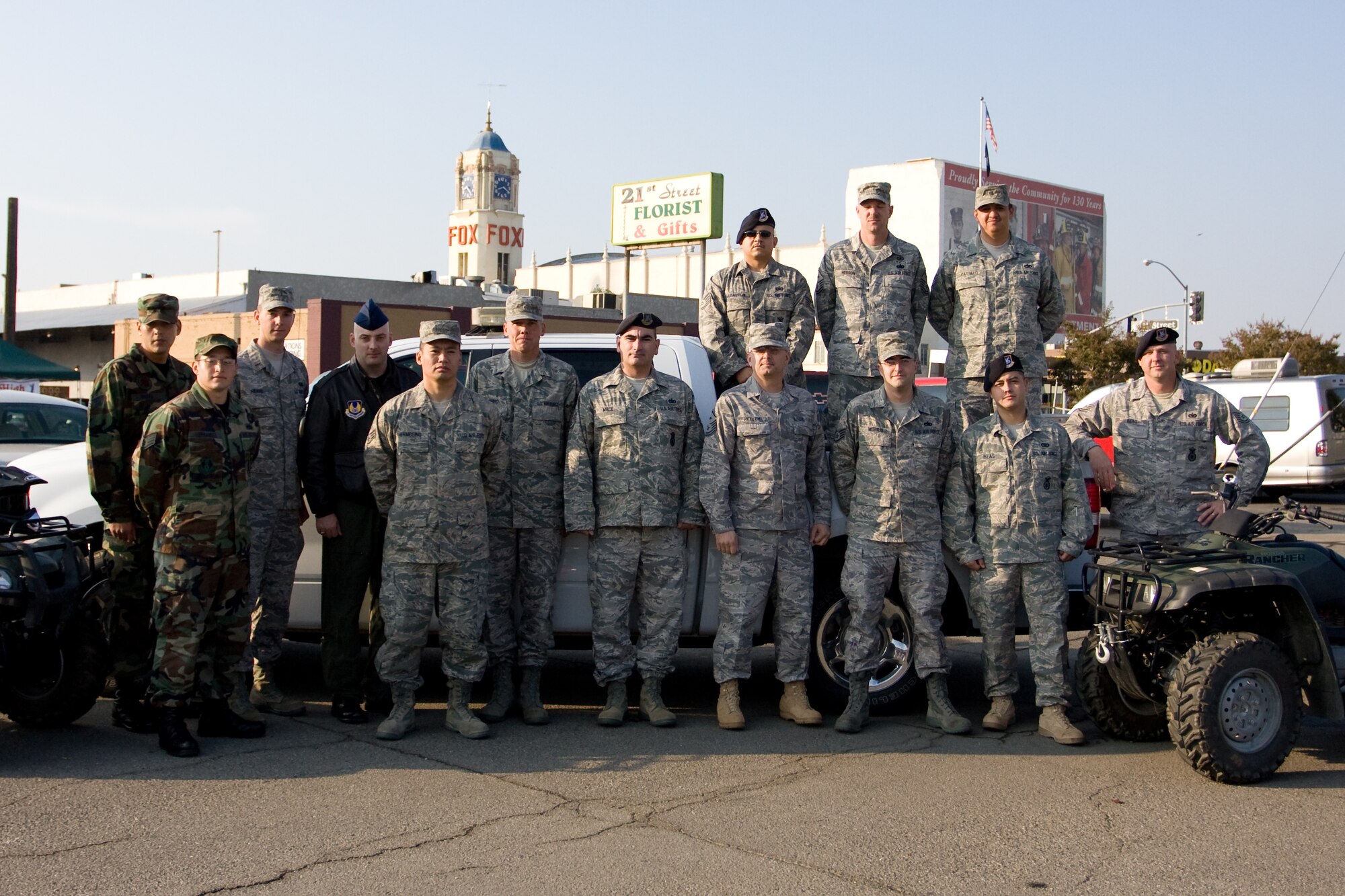 Airmen of the 95th Security Forces Squadron participated in the Veteran's Day parade in Bakersfield, Calif., Nov. 11. The Airmen and other Global War on Terrorism veterans were honored as the grand marshalls of the Bakersfield Veterans Day parade. (Photo by Myrna Mace)