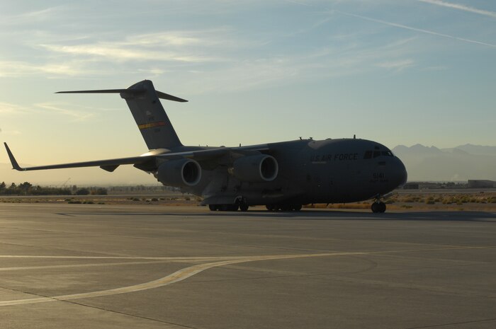 A C-17 Globemaster taxis after landing during the Mobility Air Forces Exercise, MAFEX, Nov. 19, 2008, Nellis Air Force Base, Nev. Approximately twelve U.S. Air Force bases participate in MAFEX at the U.S. Air Force Weapons School twice a year, testing C-17 Globemasters and C-130 Hercules crews' ability to join together in formation at a specific time and location to drop a brigade-size force anywhere in the world. (U.S. Air Force photo/Staff Sgt. Taylor Worley)