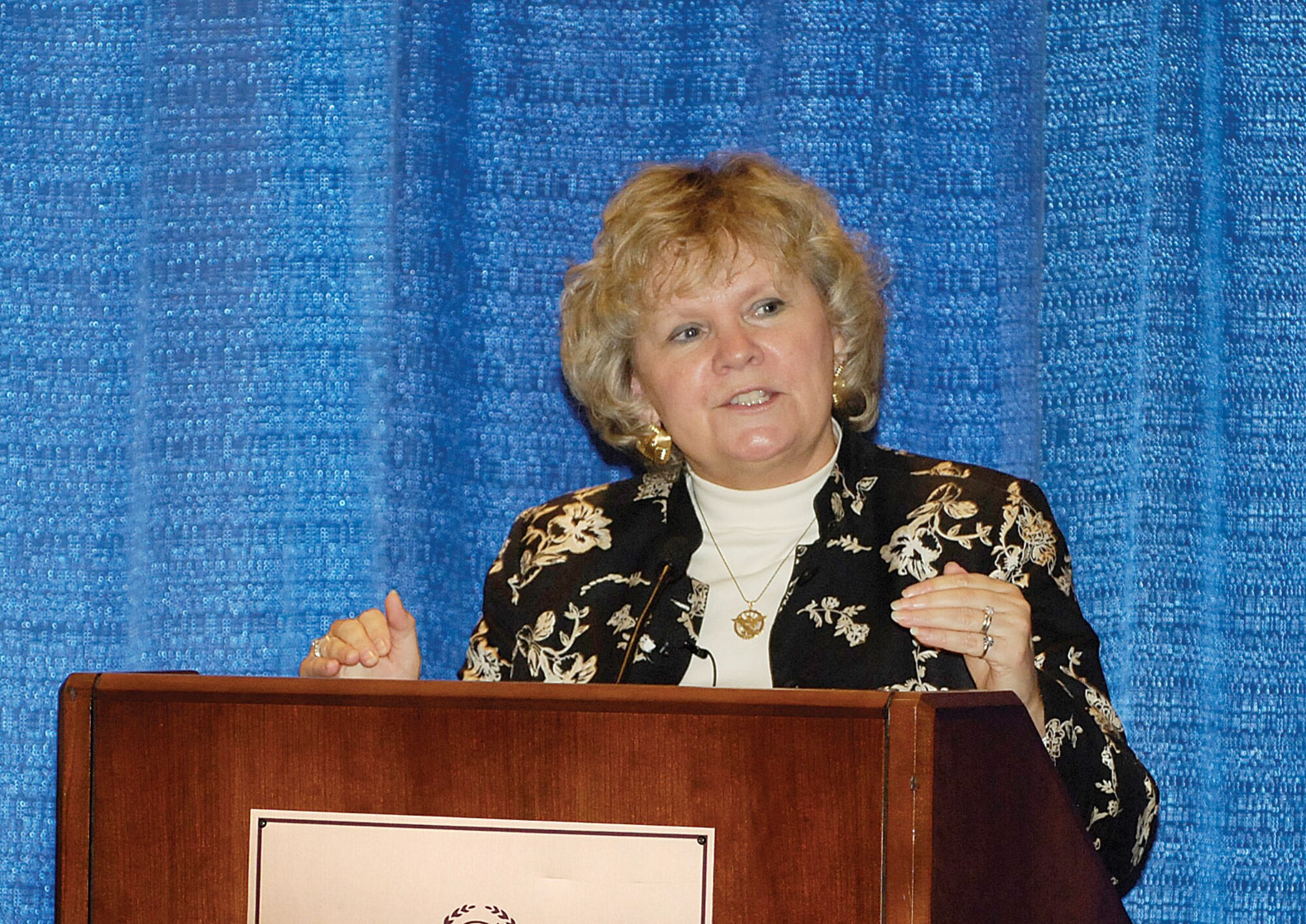 The Honorable Sue Payton, assistant secretary of the Air Force for Acquisition, spoke at Tuesday’s Tinker and the Primes event. (Air Force photo/Margo Wright)