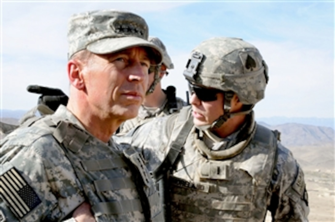 Commander of U.S. Central Command Gen. David H. Petraeus, U.S. Army, talks with members of Combined Joint Task Force - 101 at Combat Outpost Marghah, Afghanistan, on Nov. 6, 2008.  