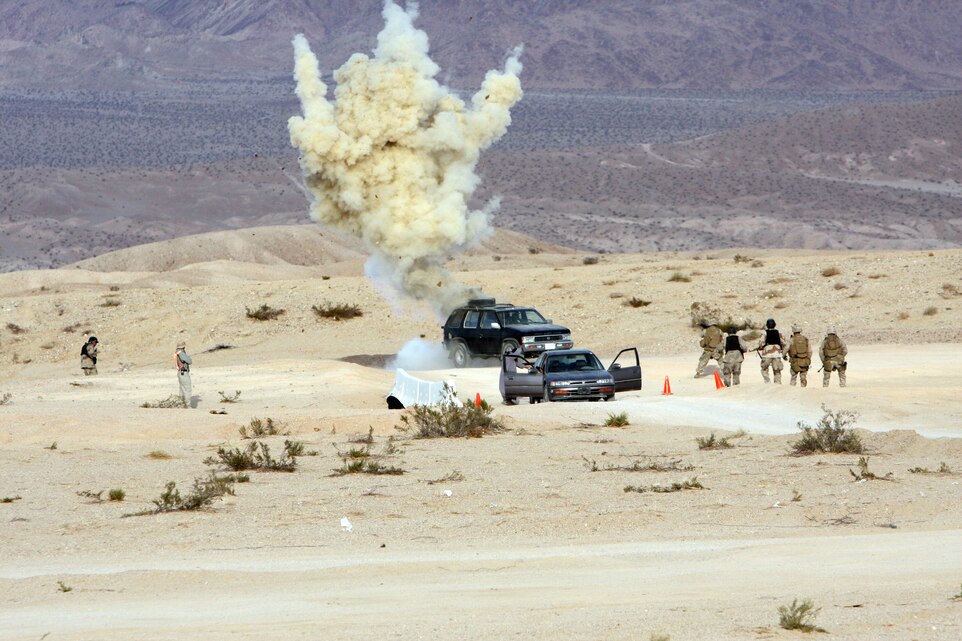 Marines and foreign security role players are searching a car going through a vehicle check point when a simulated improvised explosive device explodes during a Situational Training Exercise Nov. 20 and 21 on Range 220A aboard the Combat Center.  The skills they learn from this small portion of overall training will prepare the Marines for a more thorough Mission Rehearsal Exercise directly following.