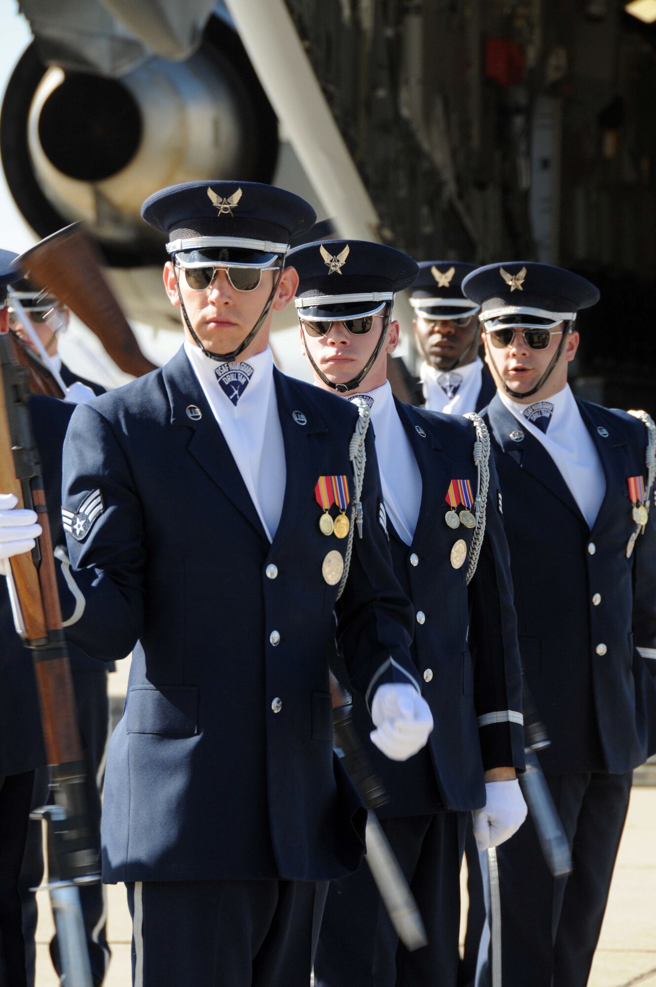 The USAF Honor Guard Drill Team performs at March ARB for members of the media and entertainment industry professionals as part of Air Force Week. (U.S. Air Force photo by Lt. Col. Francisco Hamm)