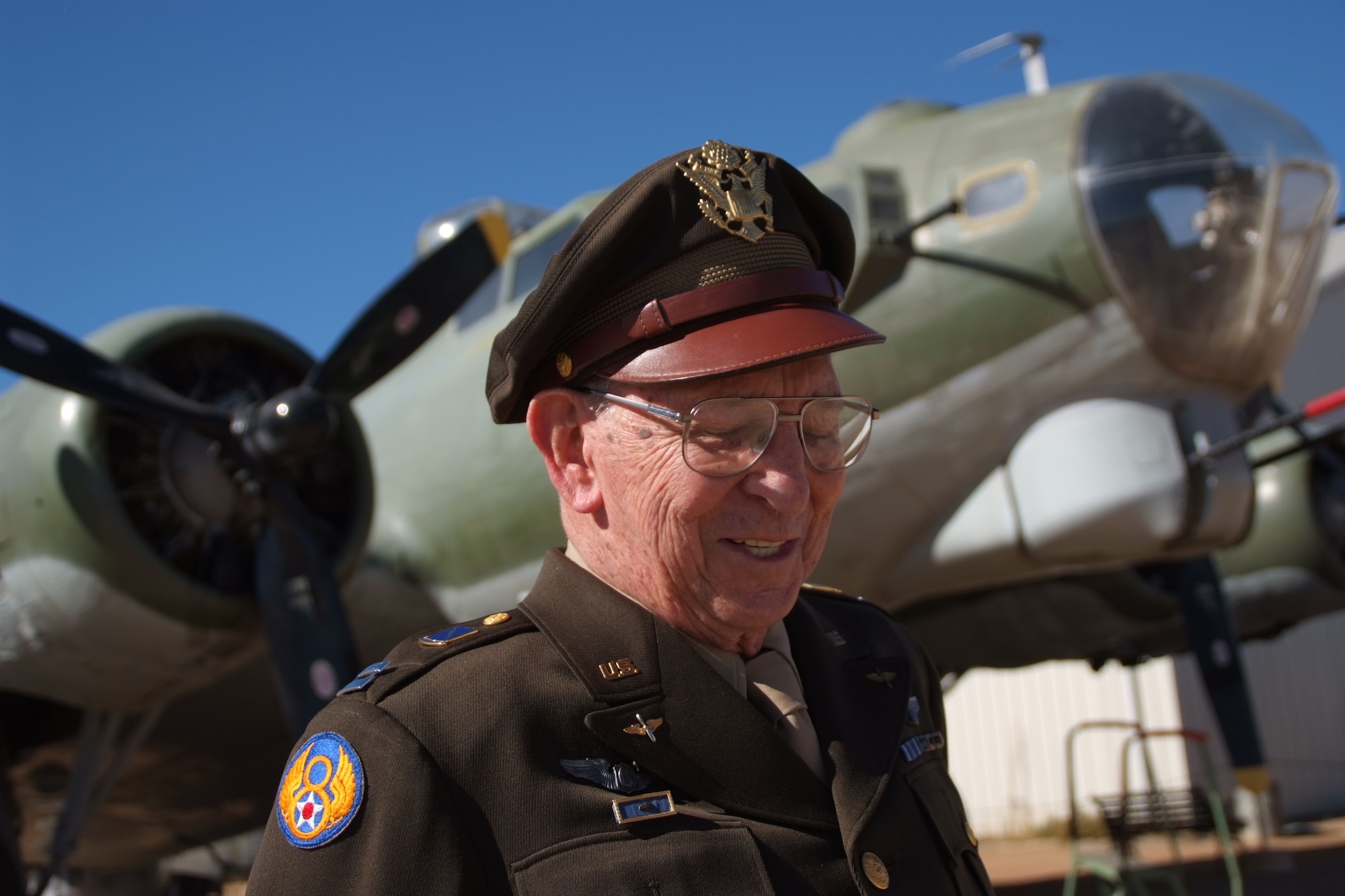 Vernon Grim, a B-17 bomber pilot with the Army Air Corps during World War II, shares some history before the dedication of the Bob Hope display at the March Field Museum on November 16. (U.S Air Force photo by Tech. Sgt. Joe Zucarro)