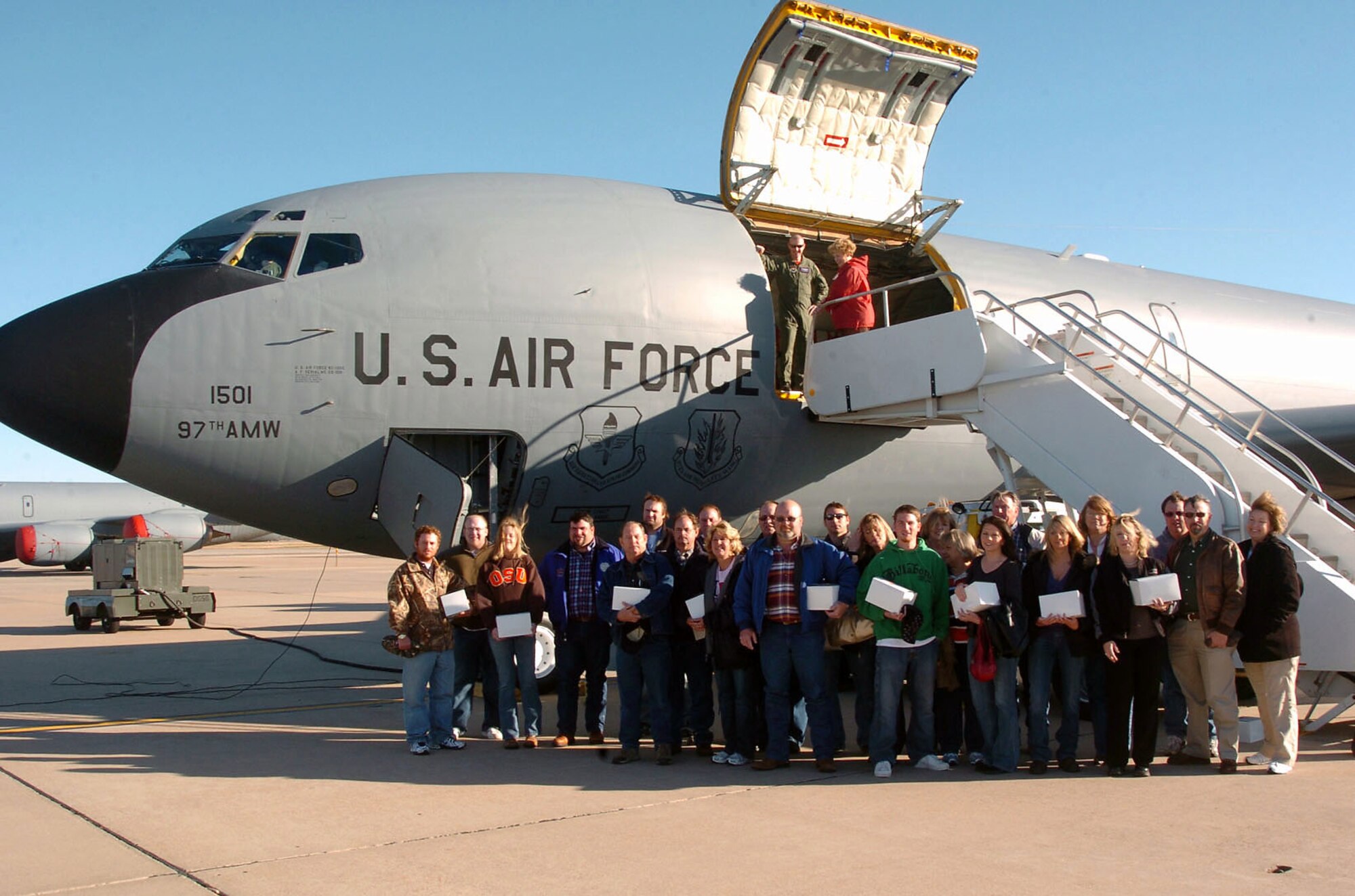 Neighbors of Altus Air Force Base, Okla., visited the base Nov. 14 as part of the Farm-City community outreach program.  Some of the guests experienced an air refueling mission from the perspective of the KC-135 Stratotanker (shown) and others from the receiver, a C-17 Globemaster III. (U.S. Air Force photo/Master Sgt. Paul Dean) 