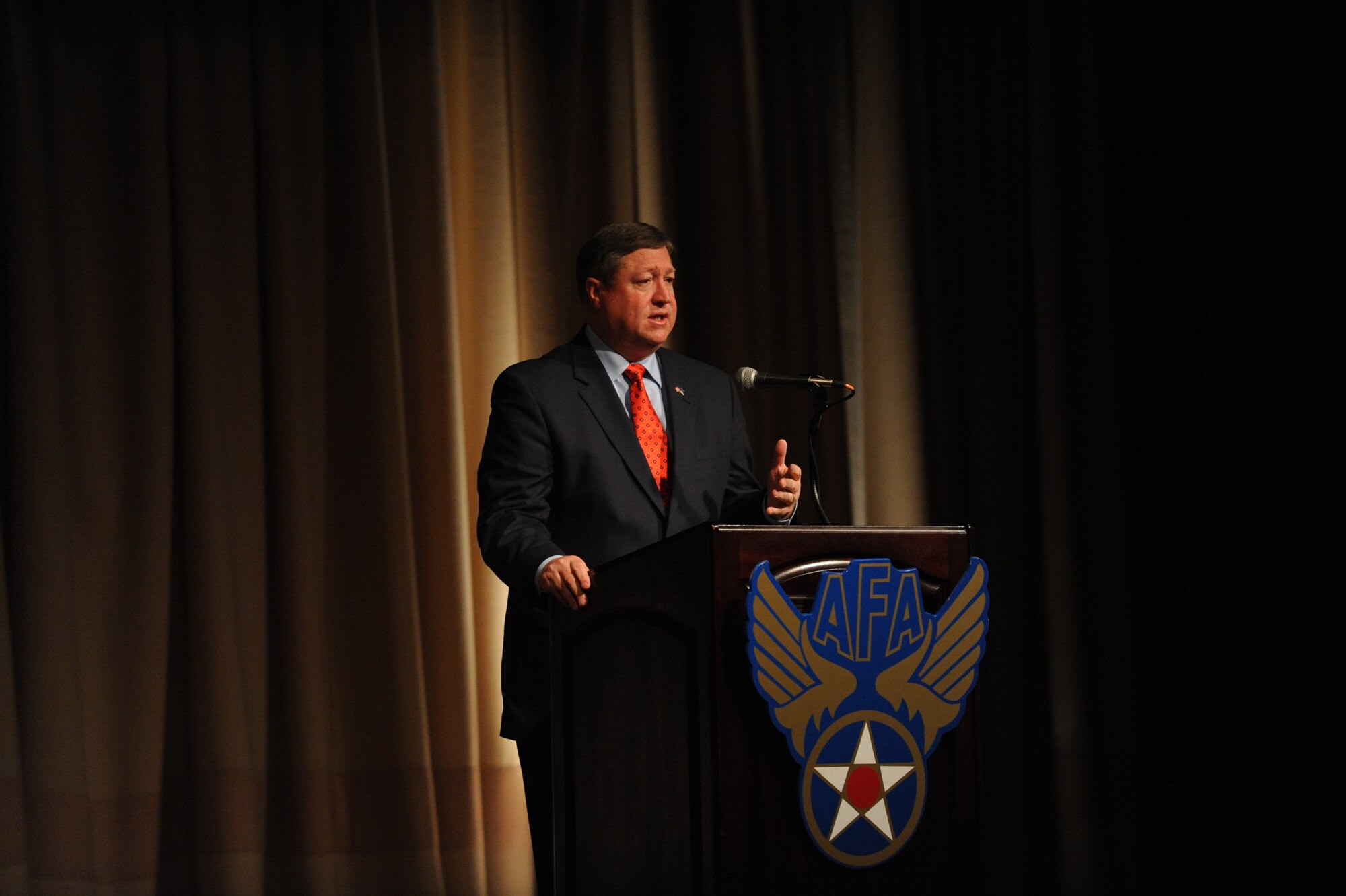 Air Force Secretary Michael B. Donley discusses the Air Force's top priorities and the way ahead for U. S. Space Command and the new Global Strike Command Nov. 21 during the Air Force Association's Global Warfare Symposium. The symposium was the culmination of Air Force Week Los Angeles, an event using various activities and exhibitions to educate the local community about the Air Force's capabilities and missions. (U.S. Air Force photo/Staff Sgt. Desiree N. Palacios)