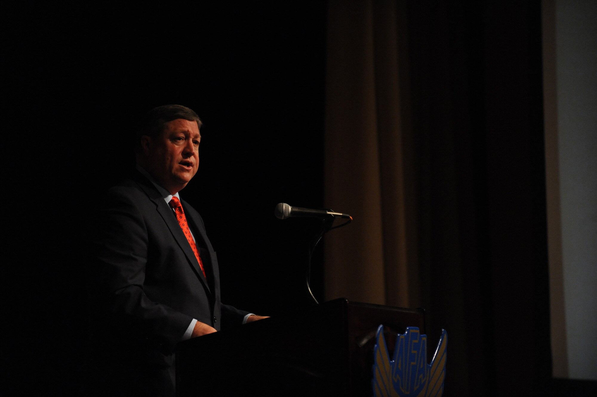 Air Force Secretary Michael B. Donley discusses the Air Force's top priorities and the way ahead for U. S. Space Command and the new Global Strike Command Nov. 21 during the Air Force Association's Global Warfare Symposium. The symposium was the culmination of Air Force Week Los Angeles, an event using various activities and exhibitions to educate the local community about the Air Force's capabilities and missions. (U.S. Air Force photo/Staff Sgt. Desiree N. Palacios)