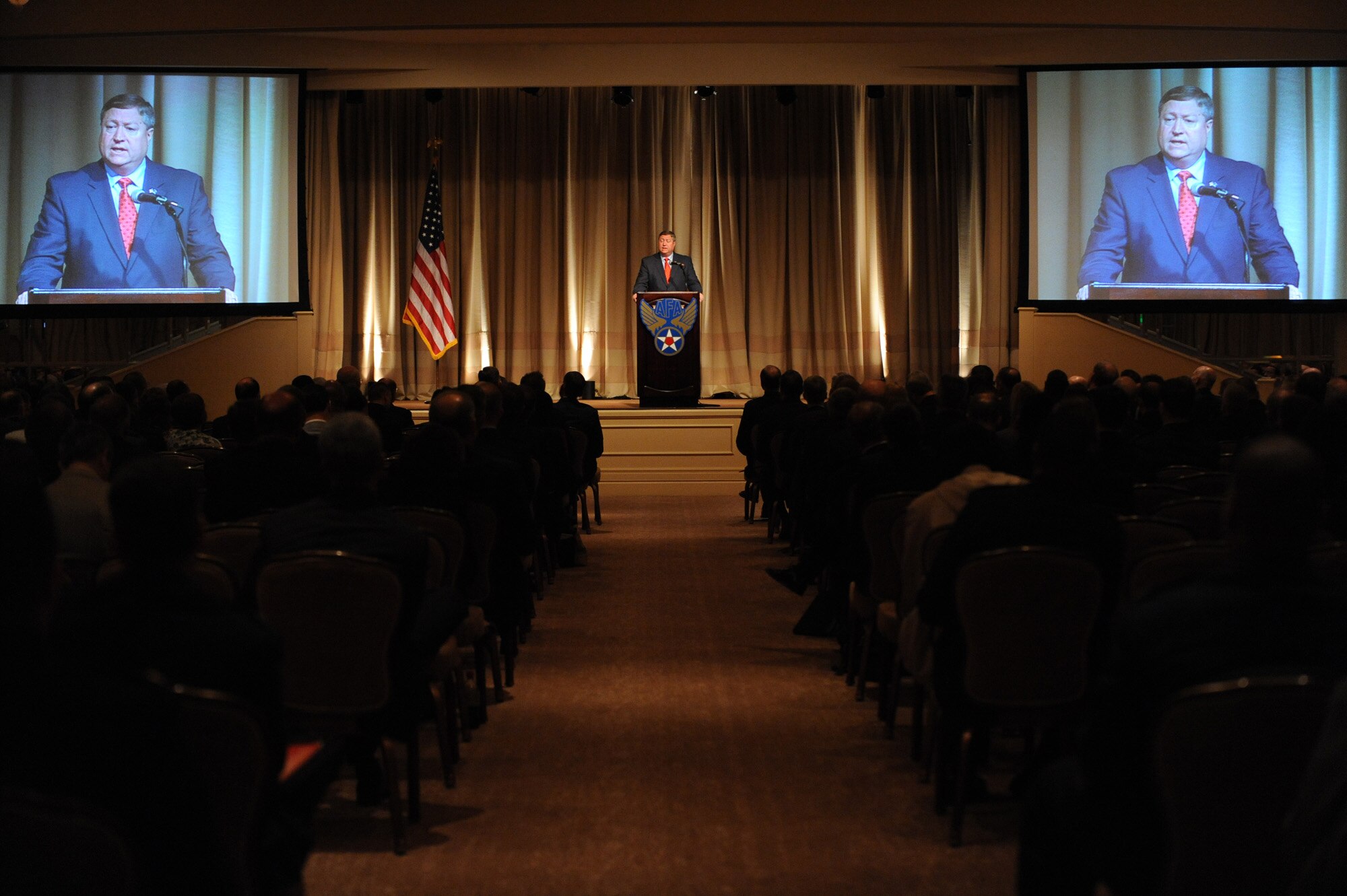 Air Force Secretary Michael B. Donley discusses the Air Force's top priorities and the way ahead for U. S. Space Command and the new Global Strike Command Nov. 21 during the Air Force Association's Global Warfare Symposium. The symposium was the culmination of Air Force Week Los Angeles, an event using various activities and exhibitions to educate the local community about the Air Force's capabilities and missions. (U.S. Air Force photo/Staff Sgt. Desiree N. Palacios)