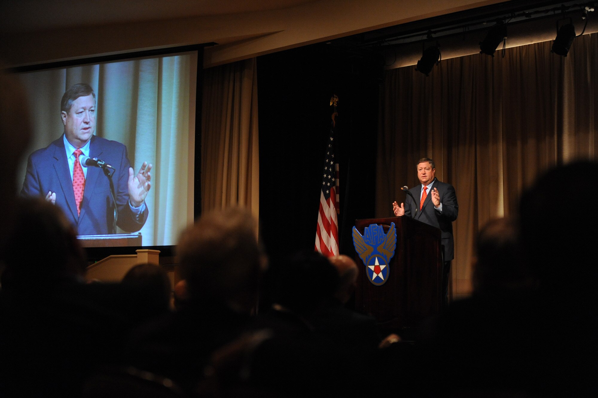 Air Force Secretary Michael B. Donley discusses the Air Force's top priorities and the way ahead for U. S. Space Command and the new Global Strike Command Nov. 21 during the Air Force Association's Global Warfare Symposium. The symposium was the culmination of Air Force Week Los Angeles, an event using various activities and exhibitions to educate the local community about the Air Force's capabilities and missions. (U.S. Air Force photo/Staff Sgt. Desiree N. Palacios)