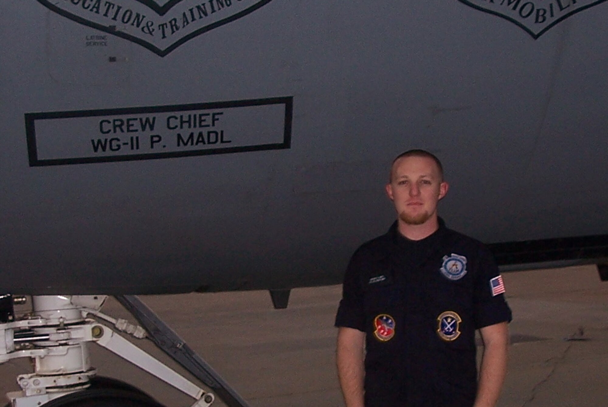 Patrick A. Madl, 97th Maintenance Directorate, the first Southwest Technology Center Grow-Your-Own-Mechanic program graduate to be promoted to KC-135R Dedicated Crew Chief (U.S. Air Force photo/submitted by Arnold Gardner)
