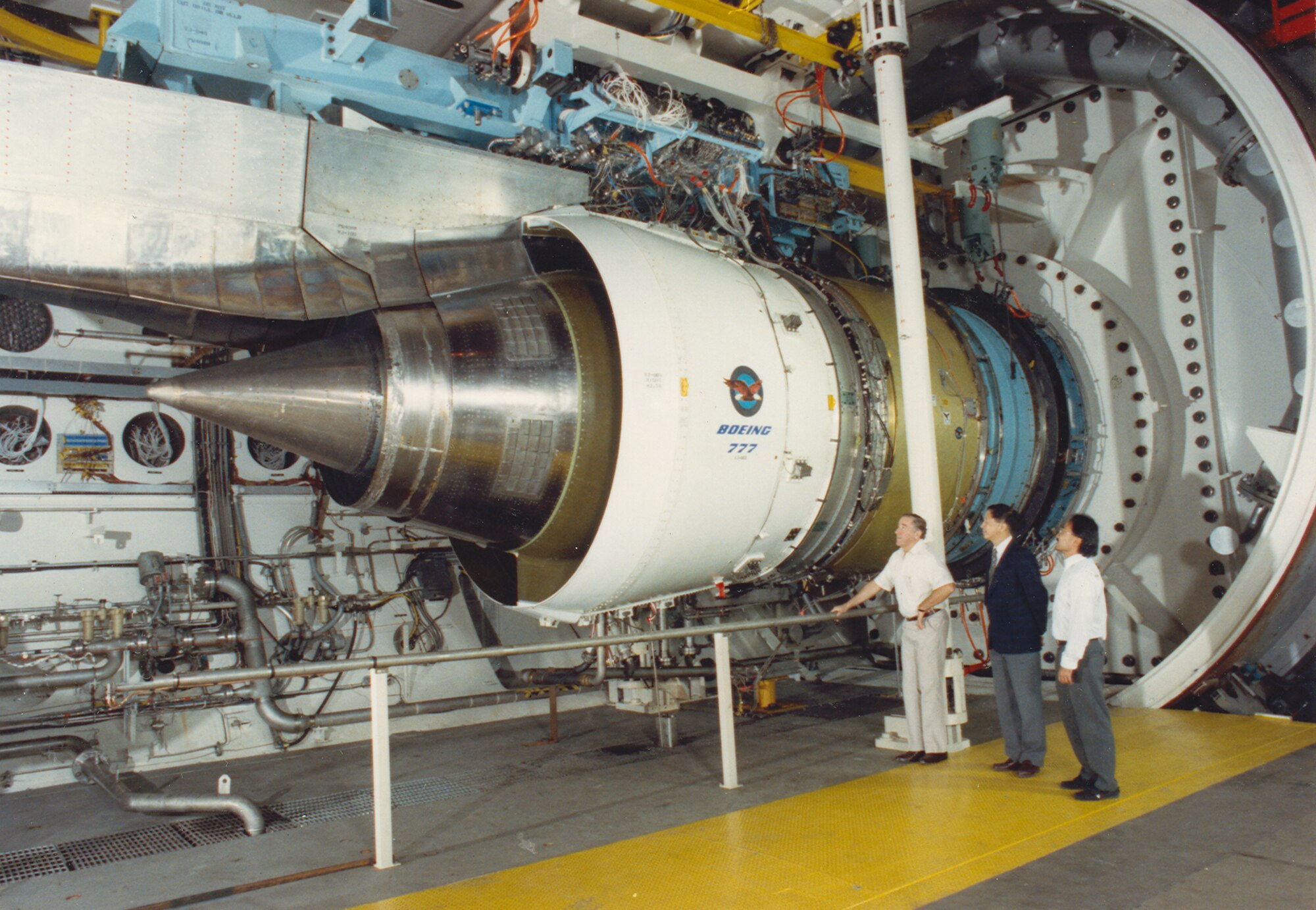 The Pratt & Whitney 4084, which started testing at AEDC in the fall of 1992, was the largest turbine engine ever tested at AEDC at that time. The engine stands 10 feet in height, has a 112-inch diameter fan and a thrust capability in the 73,000 to 90,000-pound range. It was developed to power the Boeing 777.  (AEDC photo)