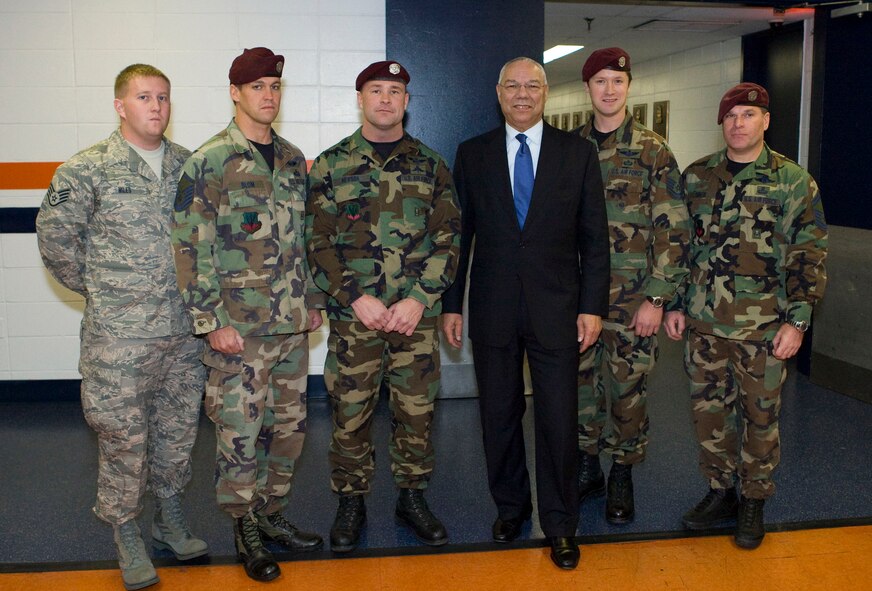 Former Secretary of State Colin Powell dropped the ceremonial first puck before the beginning of the game on Veteran?s Day and afterwards met with members of the 106th Rescue Wing. Featured in the photo from left to right are Staff Sgt. Jordan A. Miles, 101st Rescue Squadron, Master Sgt. Erik S. Blom,  Senior Master Sgt. Michael Hewson, Master Sgt. Jules Roy and Senior Master Sgt. Jeffrey J. Baker, 103rd Rescue Squadron. (U.S. Airforce photo/Staff Sgt. Jordan Miles)