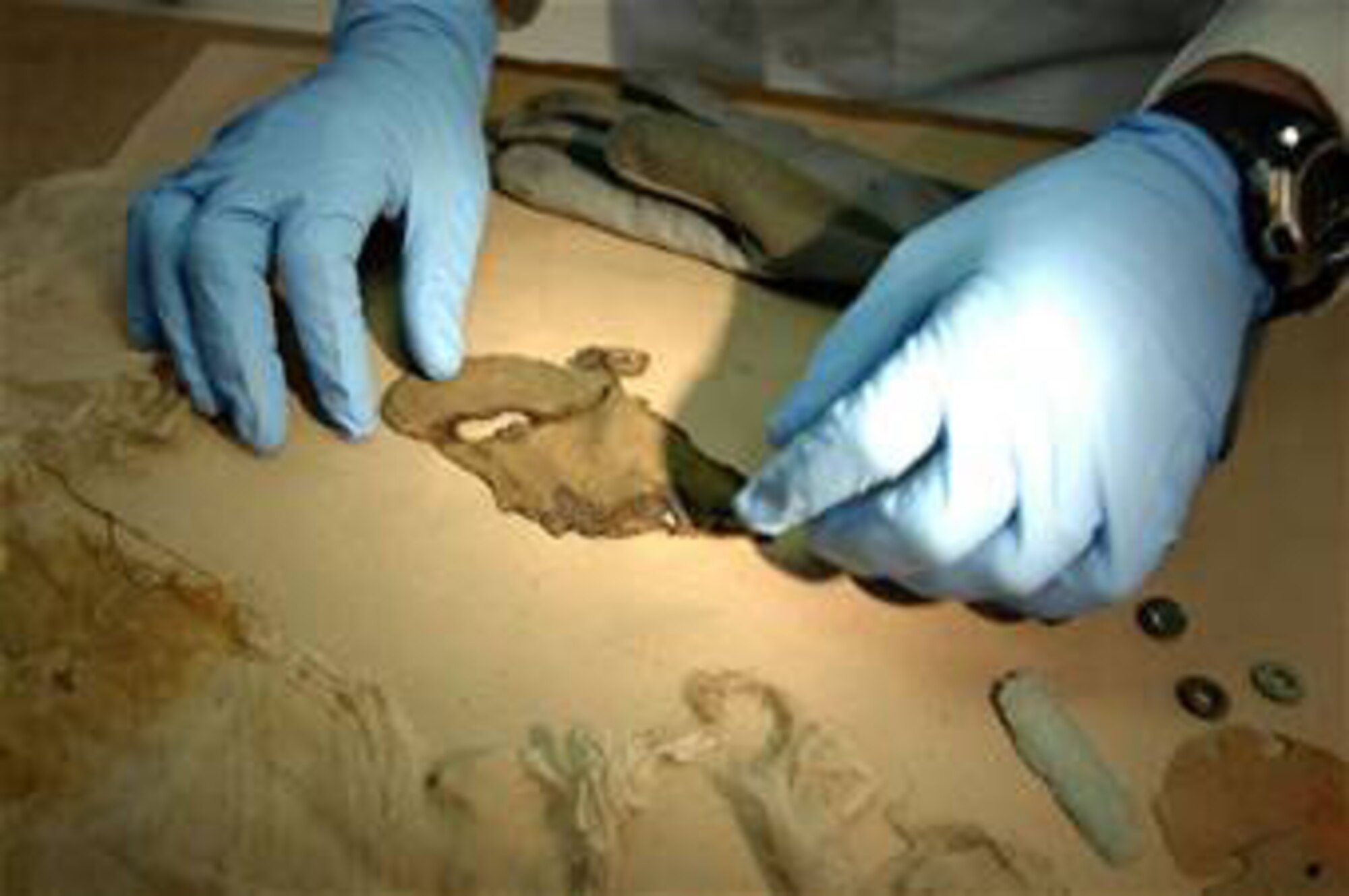 An equipment analyst at the Life Sciences Equipment Laboratory inspects fabric recovered from a site in an attempt to identify the servicemember lost in the crash Nov. 4 at Brooks City-Base, Texas. The lab, at Brooks City-Base in San Antonio, helps the Joint POW/MIA Accounting Command identify servicemembers where recovery sites yield little or no human remains. (Department of Defense photo/Fred W. Baker III) 
