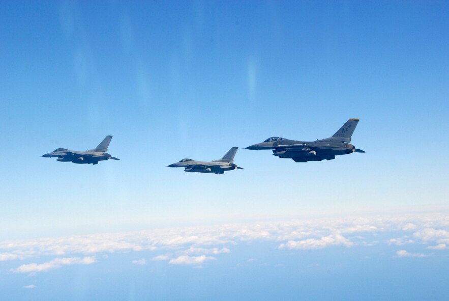 An 80th Fighter Squadron F-16 flies in formation with Republic of Korea Air Forces' KF-16s from the 159th Fighter Squadron while participating in the Buddy Wing program at Jungwon Air Base, Republic of Korea, Nov. 20, 2008.  The Buddy Wing program is designed to further increase U.S. Air Force and ROKAF interoperability in an aerospace conflict by having pilots from each air force fly with and against each other. (U.S. Air Force Photo by Staff Sgt. Jason Colbert)