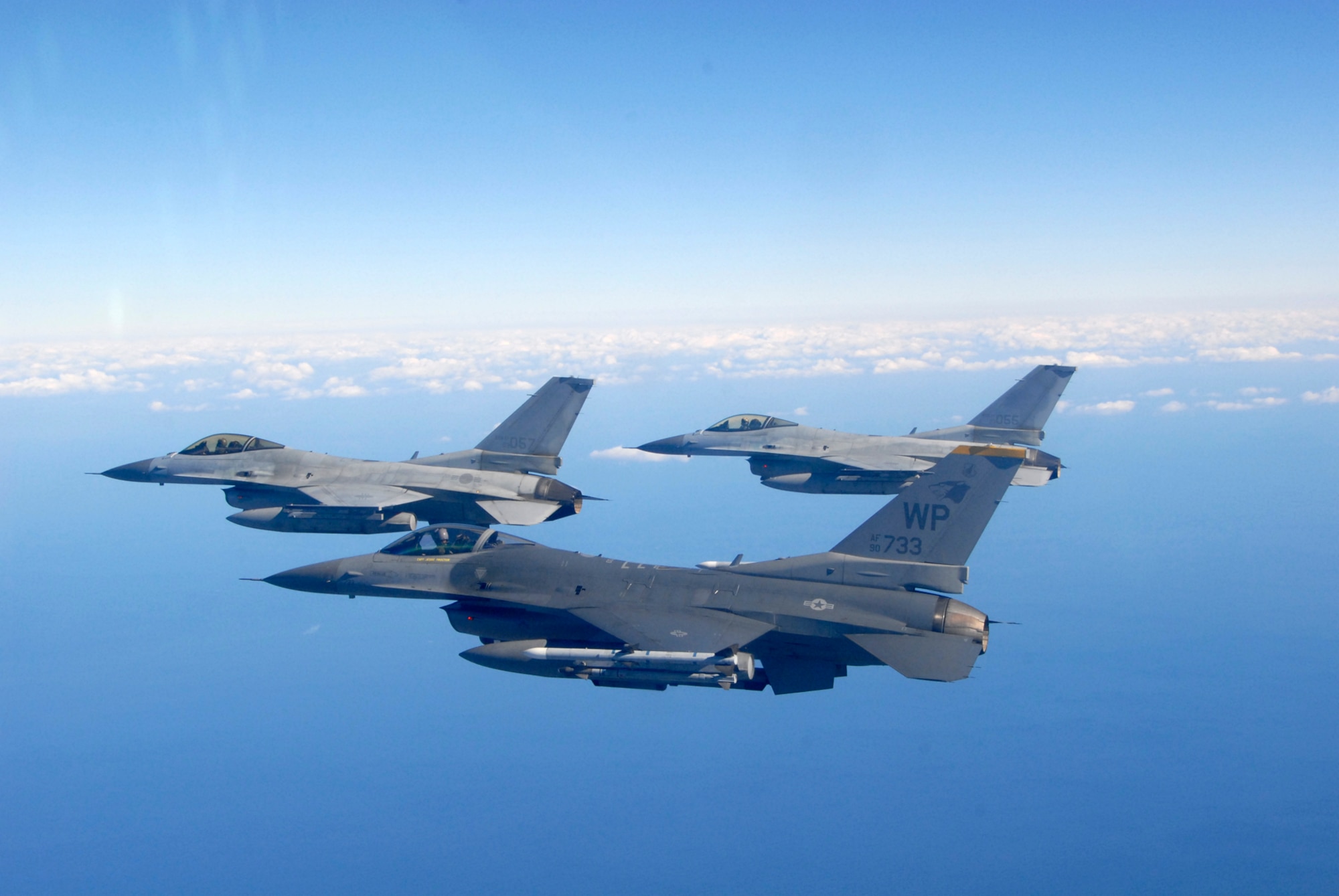 An 80th Fighter Squadron F-16 flies in formation with Republic of Korea Air Forces' KF-16s from the 159th Fighter Squadron while participating in the Buddy Wing program at Jungwon Air Base, Republic of Korea, Nov. 20, 2008.  The Buddy Wing program is designed to further increase U.S. Air Force and ROKAF interoperability in an aerospace conflict by having pilots from each air force fly with and against each other. (U.S. Air Force Photo by Staff Sgt. Jason Colbert)